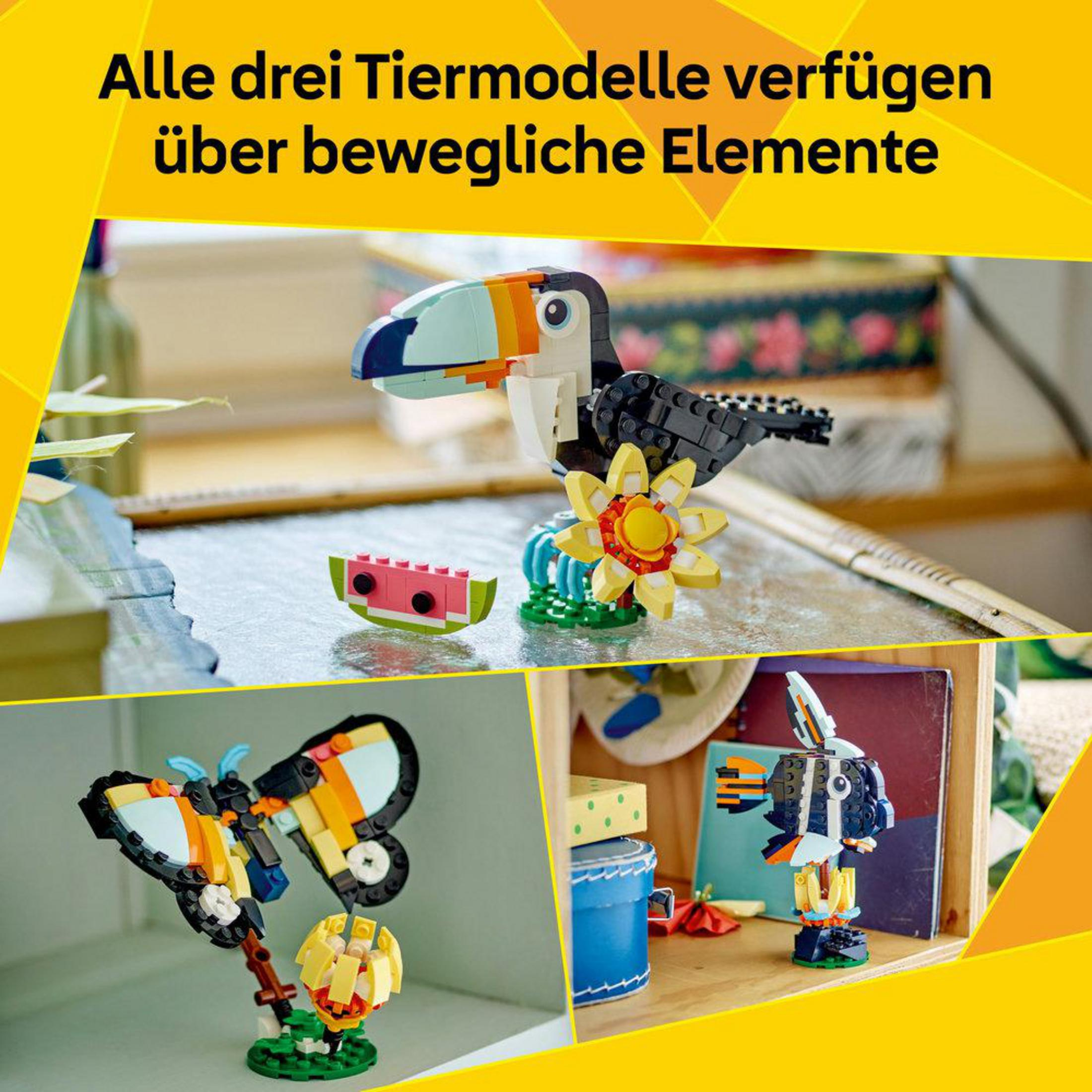 Trzy kolorowe figurki zwierząt Lego: tukan, motyl i ryba.