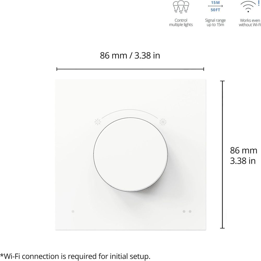 A white square smart dimmer with a circular knob and icons indicating features.
