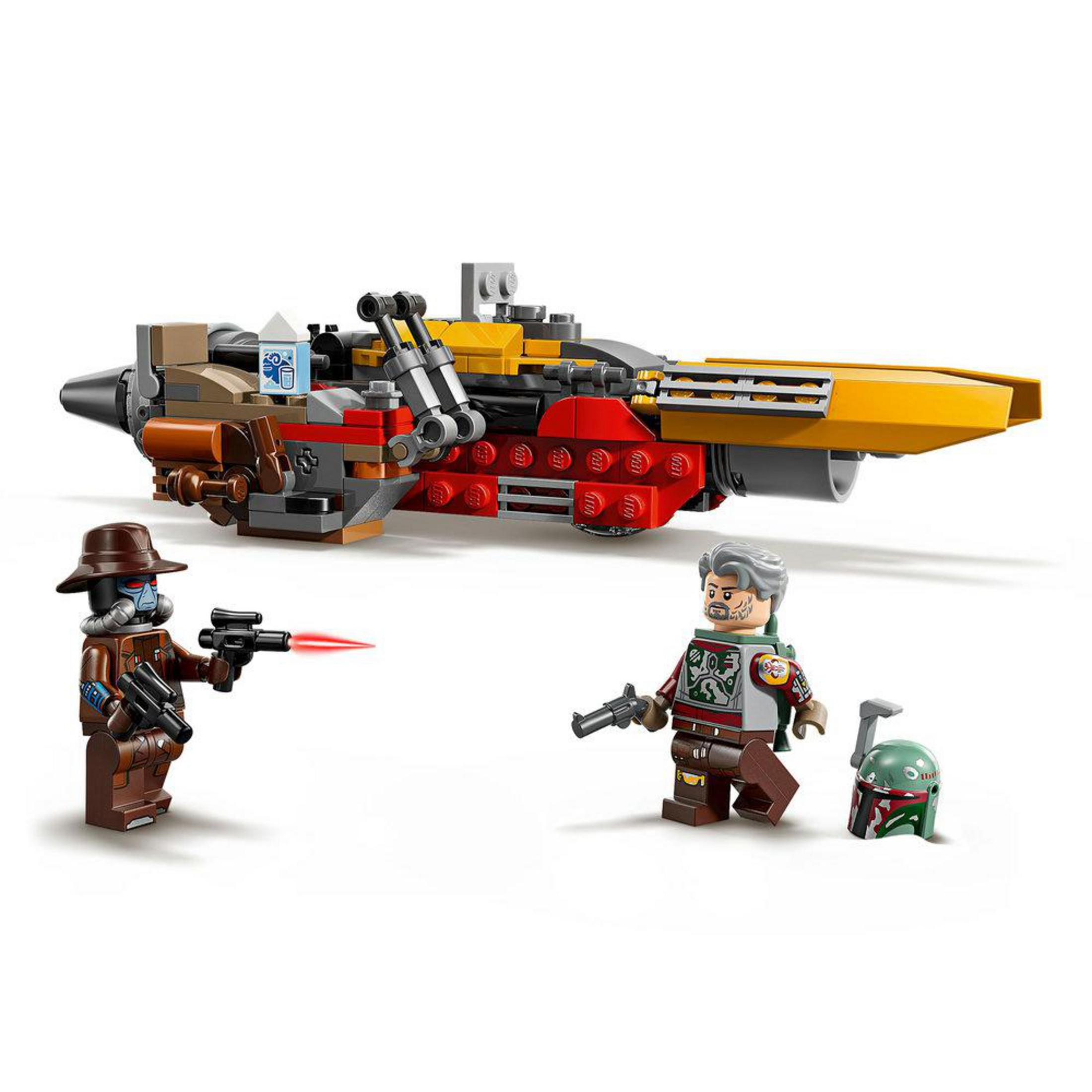 İki minifigürlü ve bir kasklı Lego uzay gemisi.