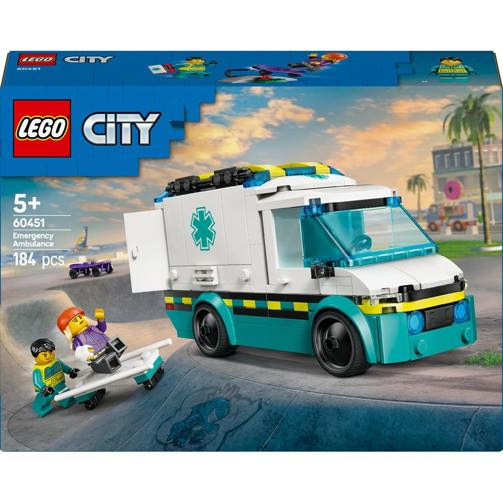 Ambulans LEGO z postaciami na deskorolce przed miejską sceną.