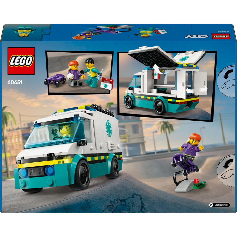 Ambulans Lego z postaciami i skateboardzistą w akcji.