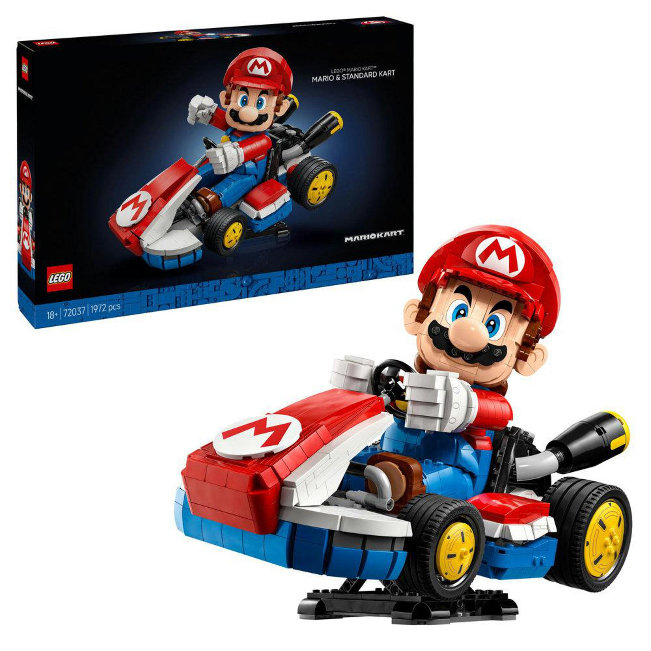 LEGO Mario Kart z Mario w czerwono-niebieskim gokarcie z żółtymi kołami.