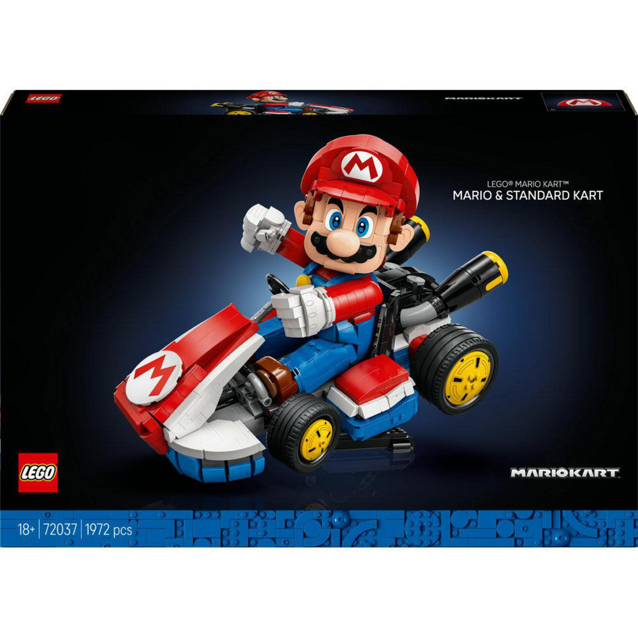 Pudełko zestawu LEGO Mario Kart pokazujące Mario w czerwonym, niebieskim i białym gokarcie z żółtymi akcentami.