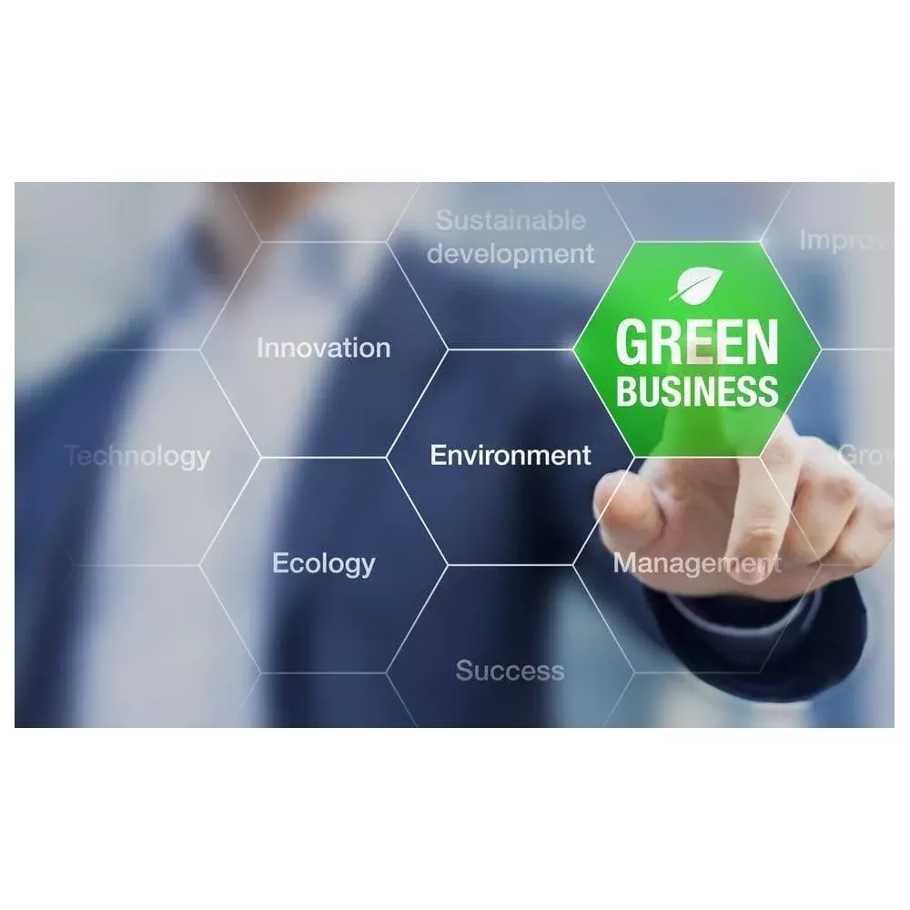 Hombre toca un gráfico hexagonal verde con 'Green Business'.