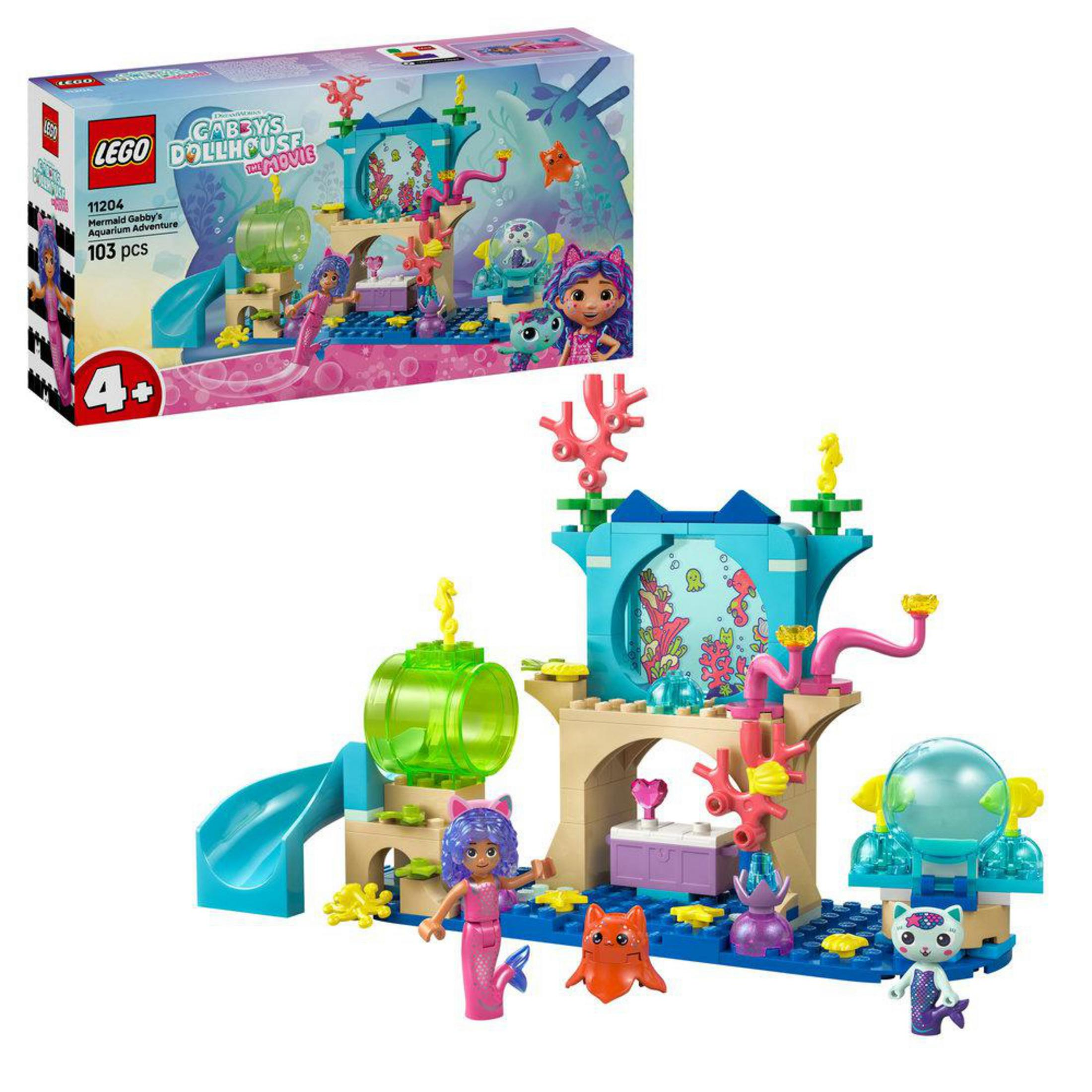 Zestaw Lego z motywem Gabby i syrenki, ze zjeżdżalnią i figurkami.