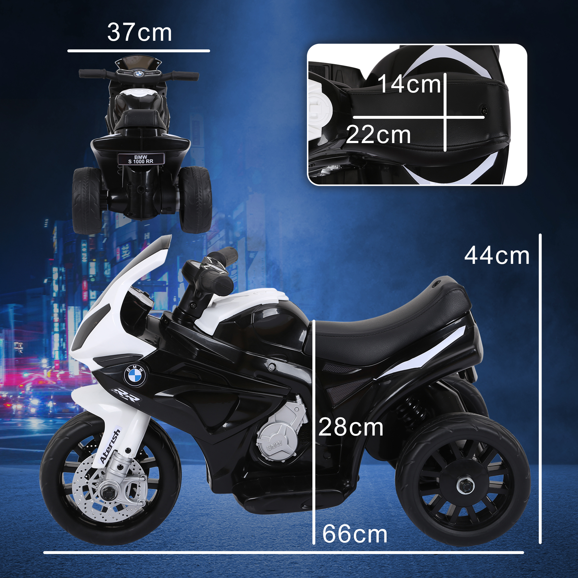Una motocicleta eléctrica infantil BMW S 1000 RR negra y blanca con dimensiones.