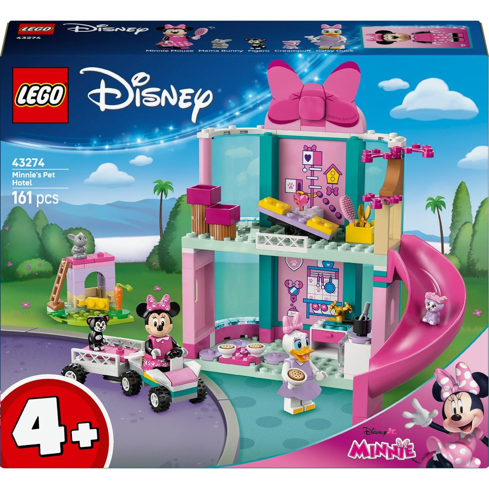 LEGO Hotel dla zwierząt Minnie z figurkami, akcesoriami i zjeżdżalnią.
