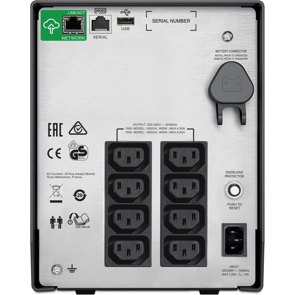 Rückseite eines USV-Geräts mit Netzwerk-, USB- und Netzanschlüssen.