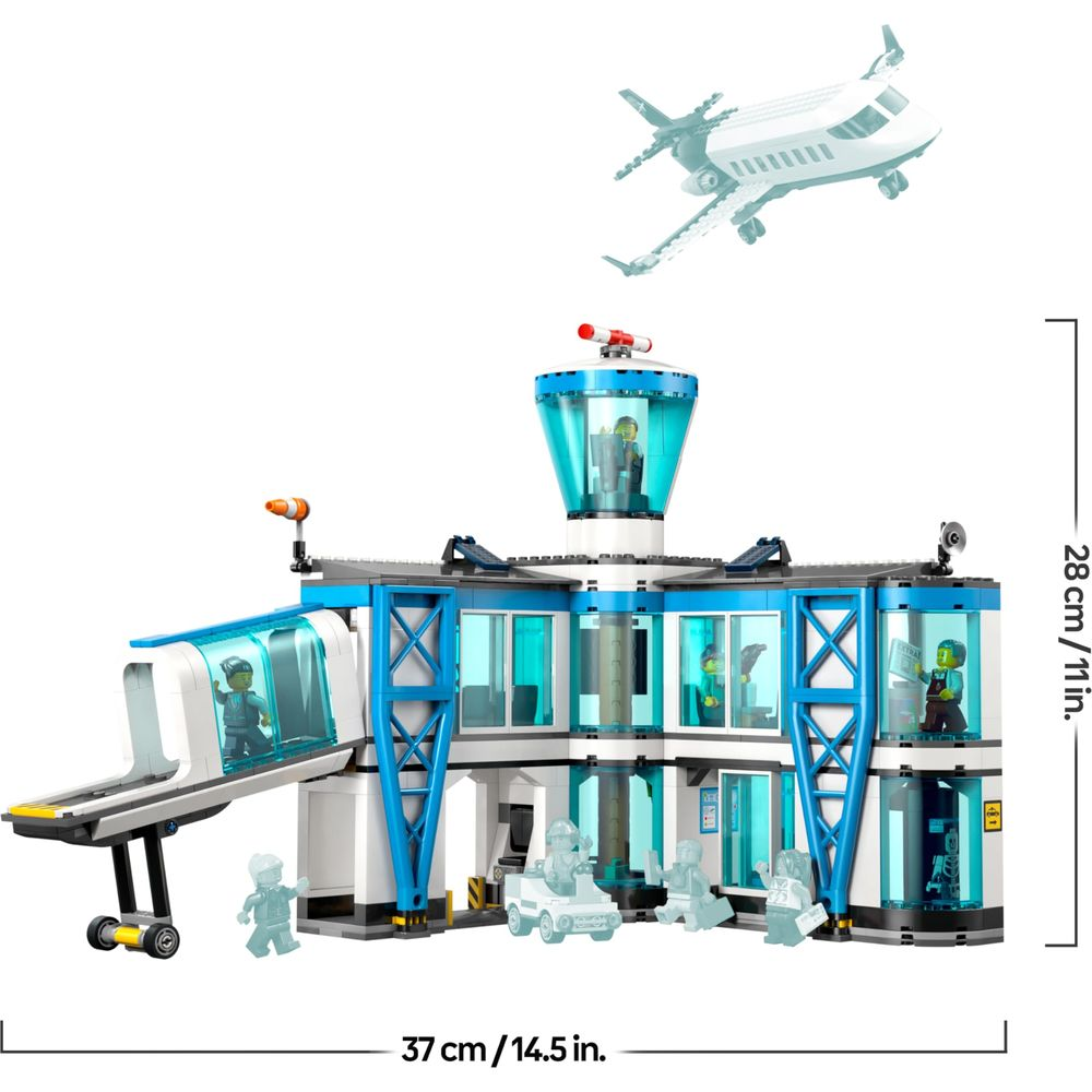 Budynek lotniska Lego z samolotem i figurkami.