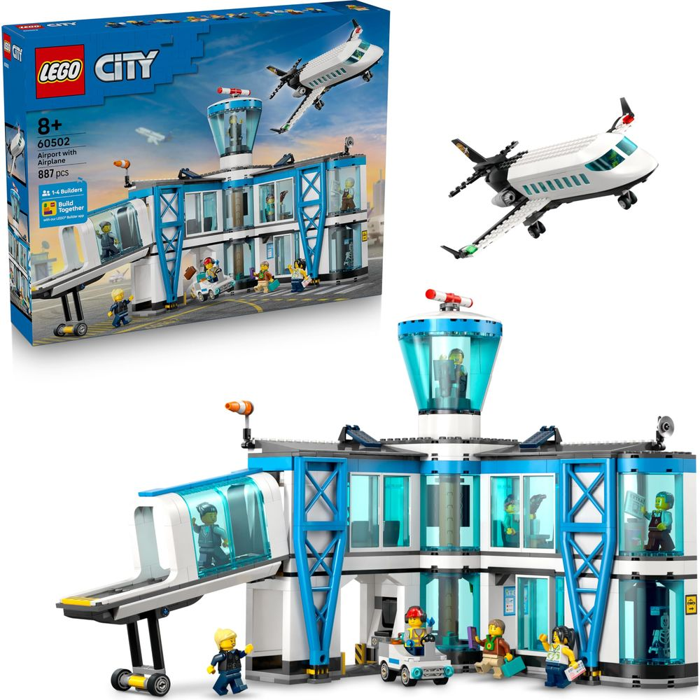 Zabawka LEGO City Lotnisko z samolotem. Niebiesko-biały budynek, samolot, ludziki.