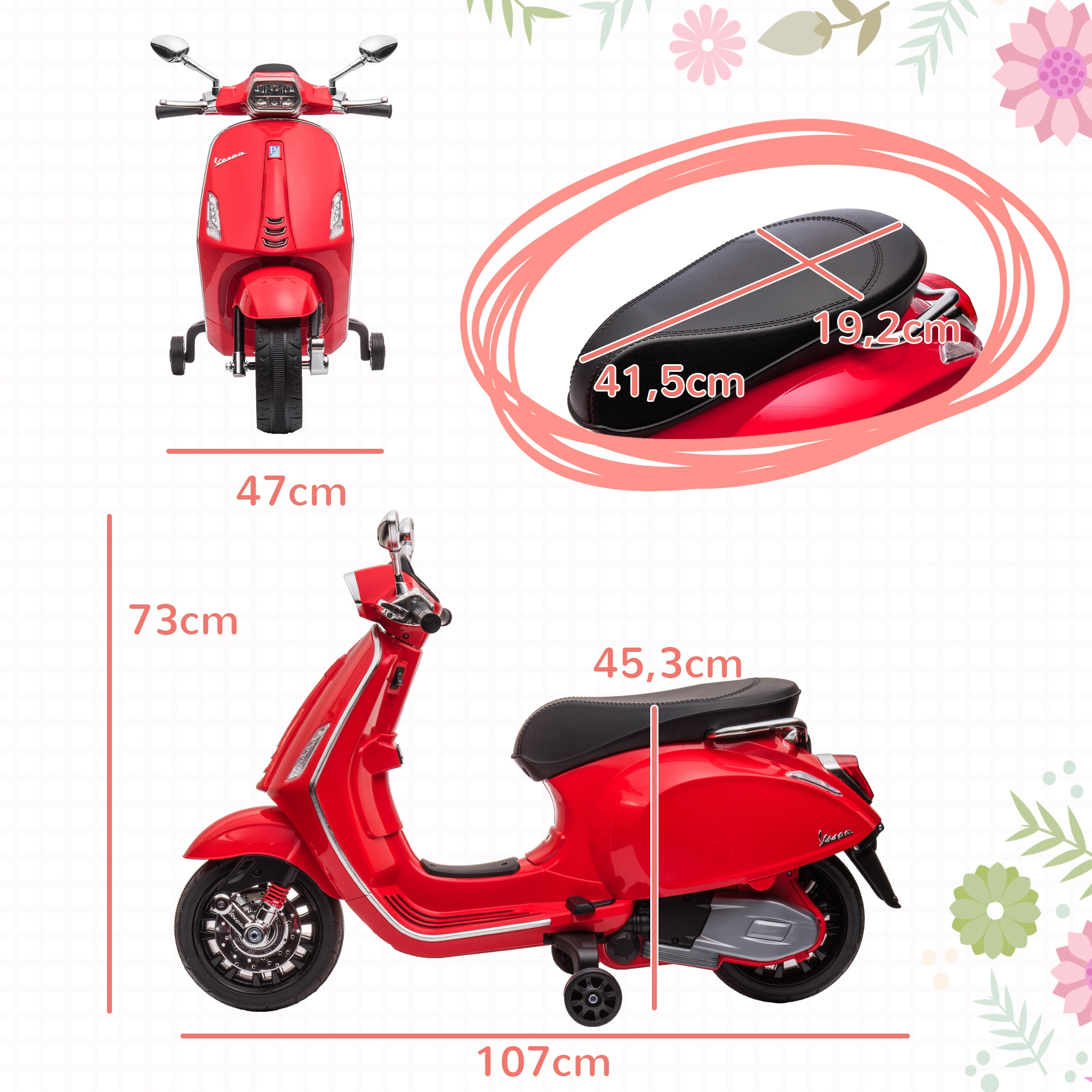 Scooter rojo con medidas: Asiento 41,5x19,2cm, Altura 73cm, Longitud 107cm.