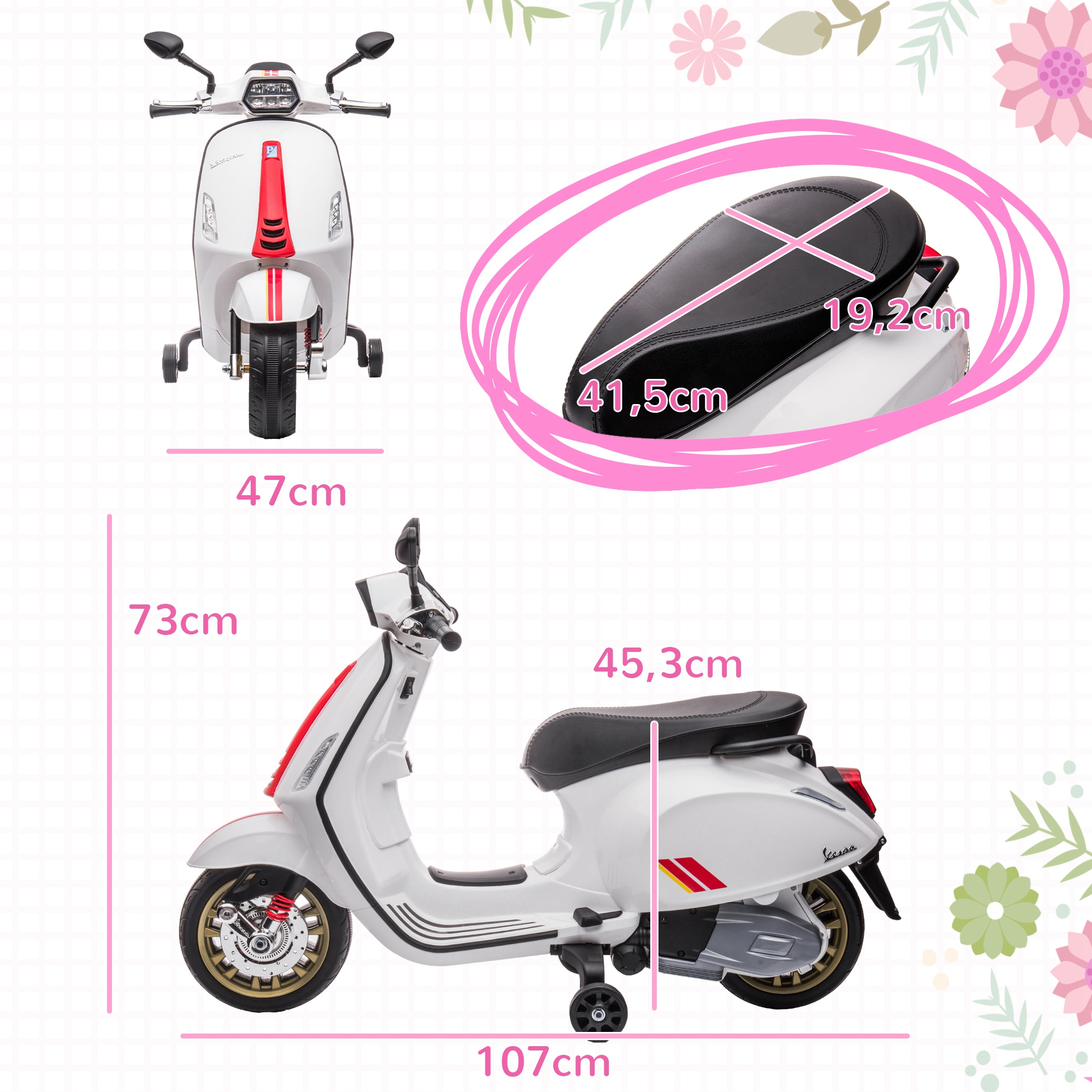 Un scooter blanco para niños con ruedines, detalles rojos y etiquetas de medidas.
