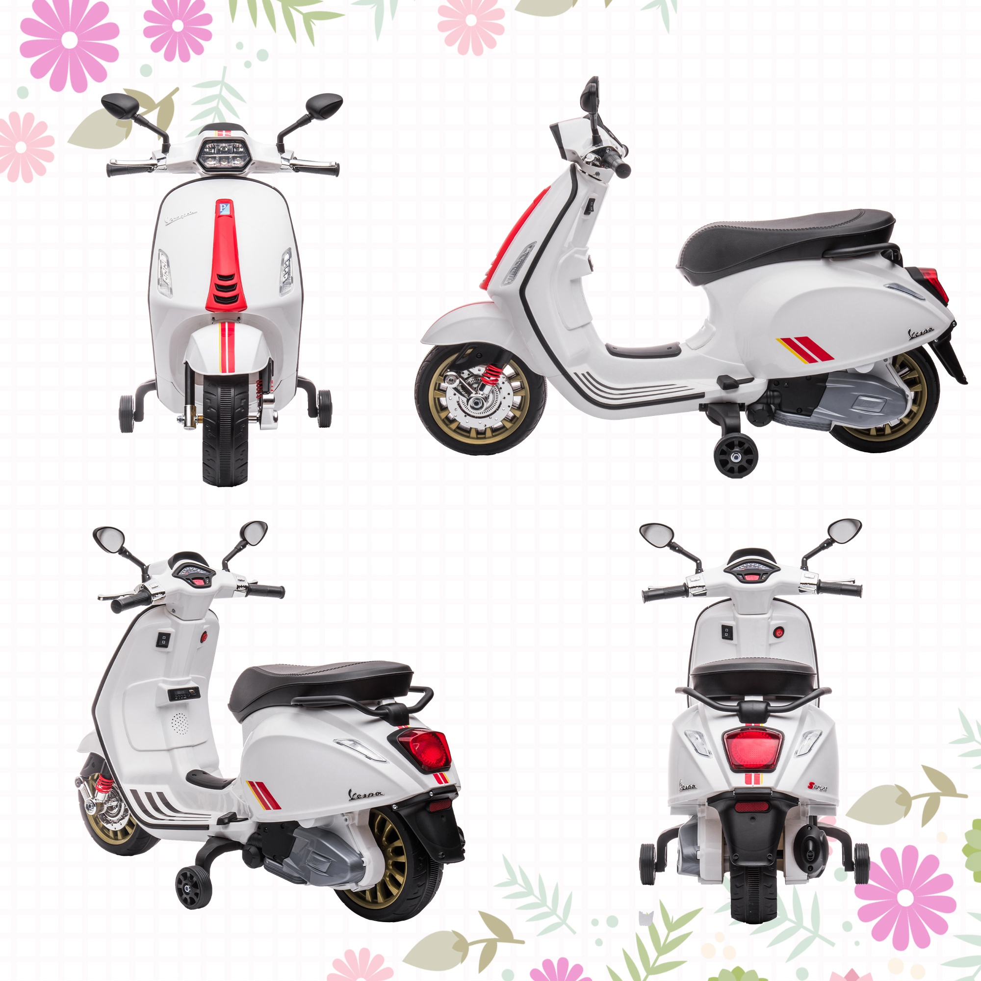 Una Vespa blanca con rayas rojas y amarillas y ruedas de apoyo.