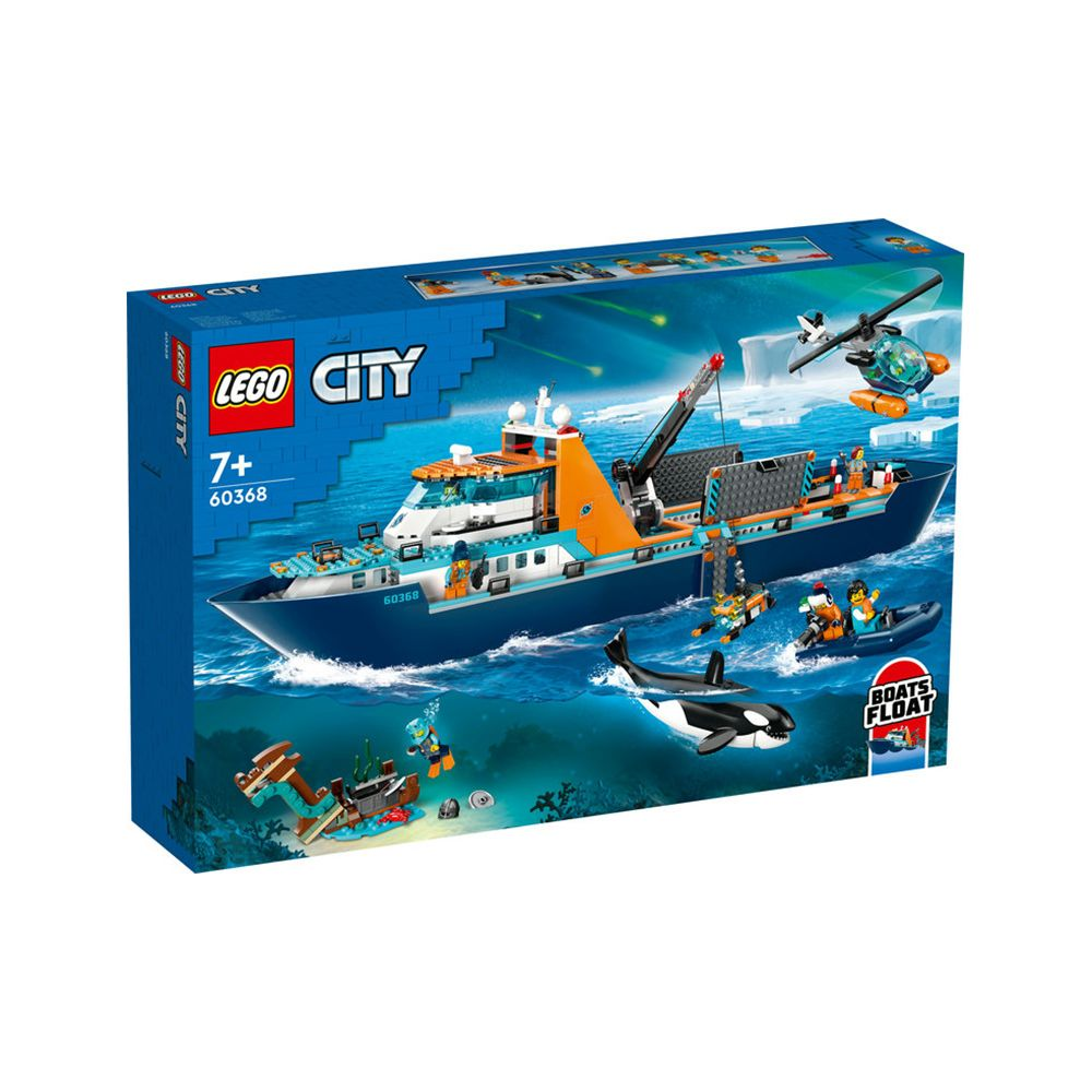 Statek badawczy Lego City z orką, pontonem i helikopterem na morzu.