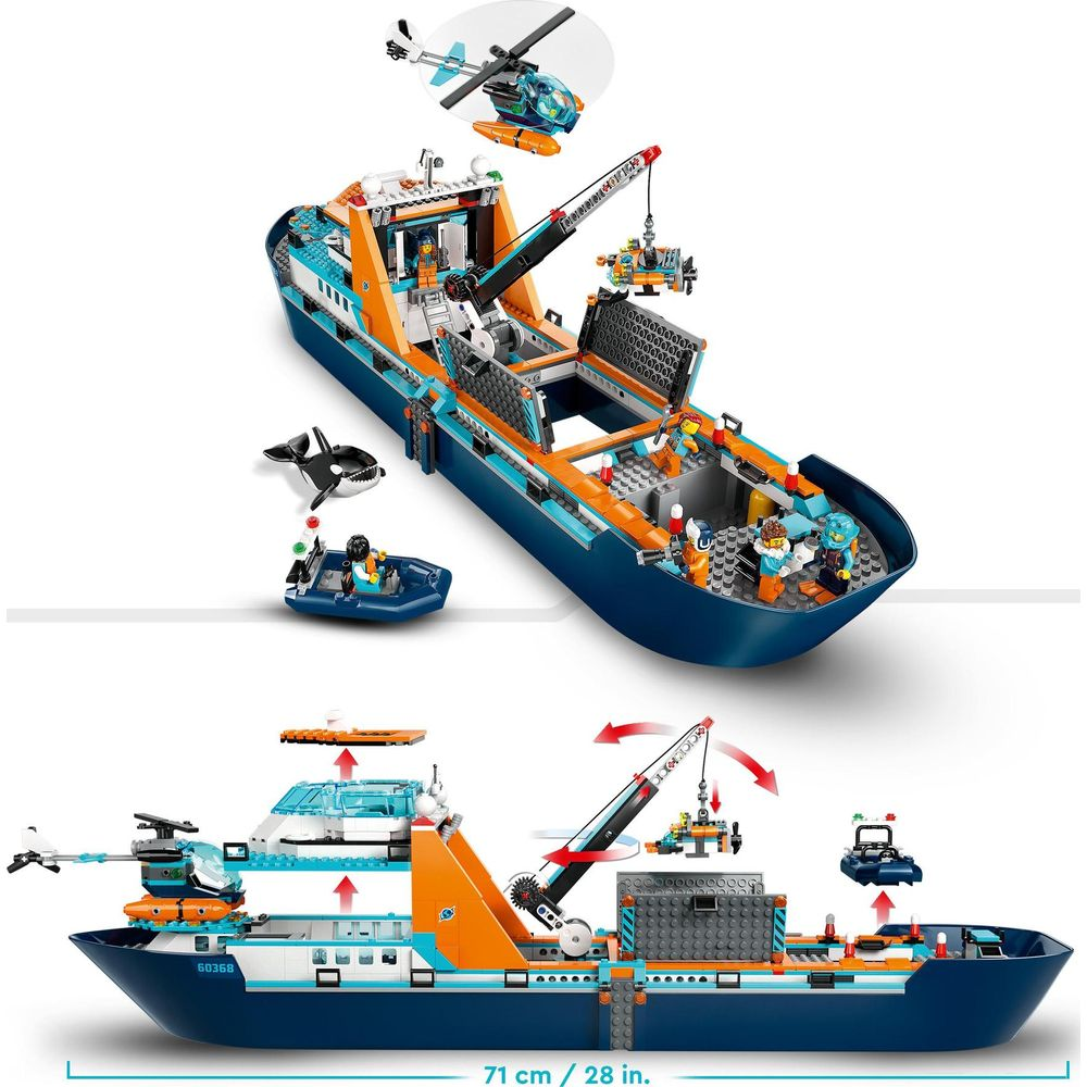 Niebiesko-pomarańczowy statek badawczy z helikopterem, wielorybem i łodzią. Dł: 71 cm.
