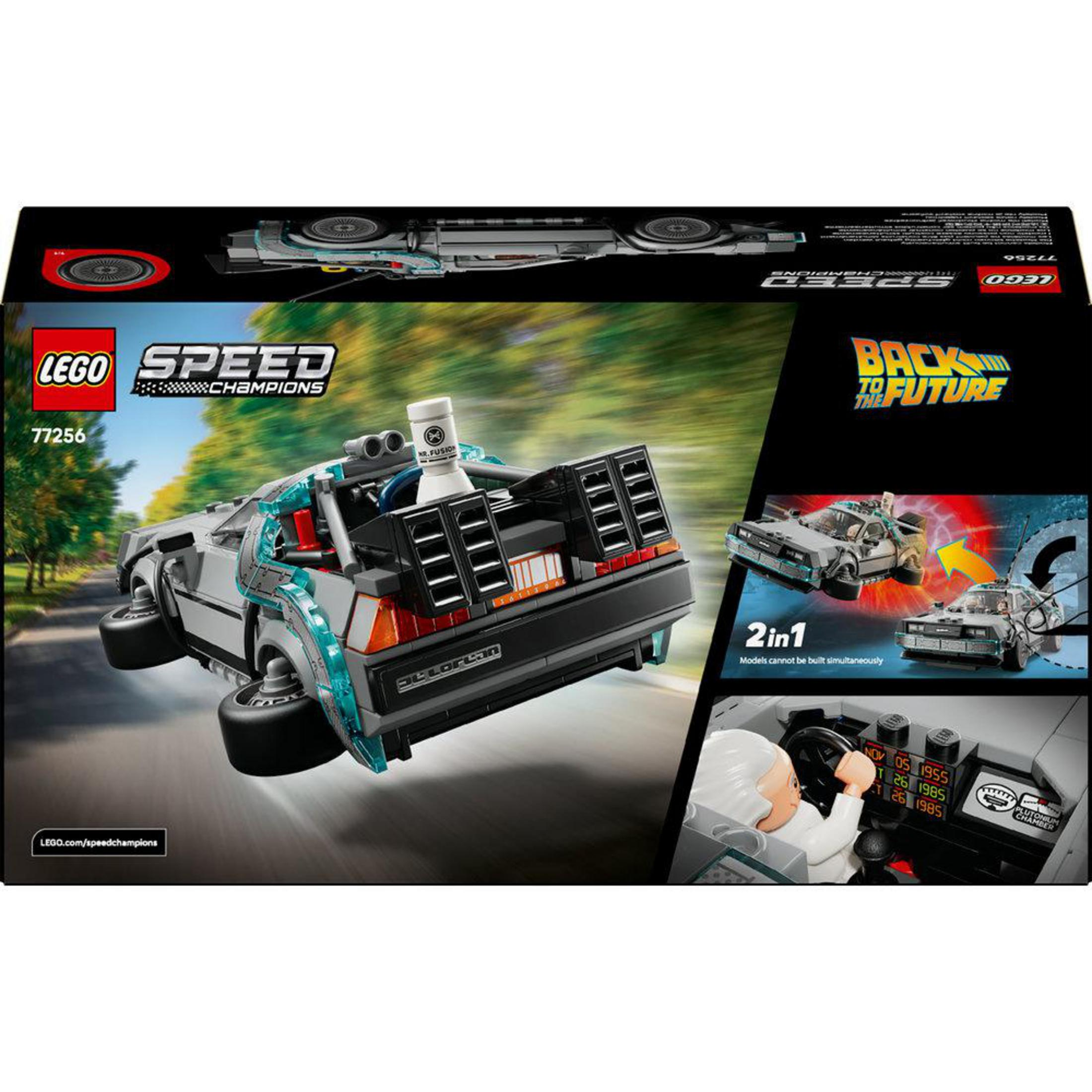 Klocki LEGO DeLorean wehikuł czasu z "Mr. Fusion" i wyświetlaczami.