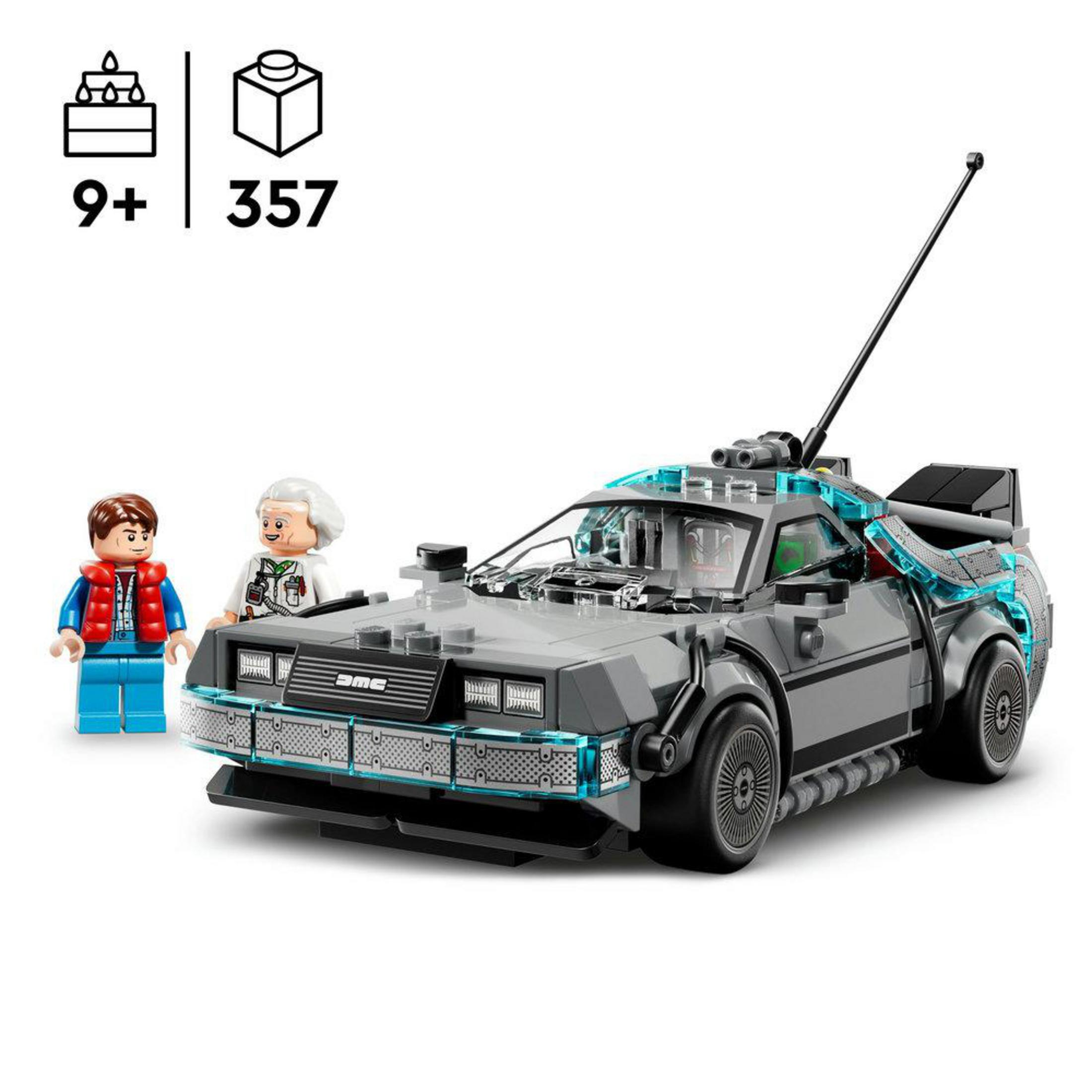 Lego DeLorean DMC-12 z figurkami Marty'ego McFly i Doca Browna.