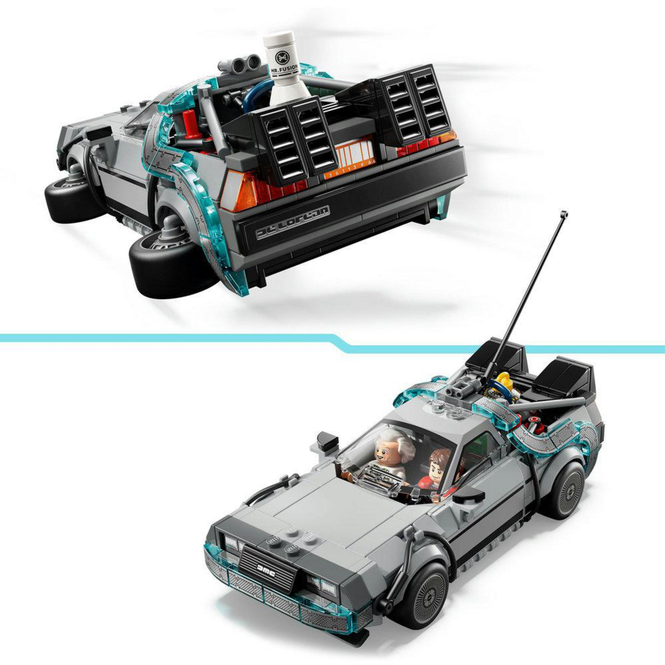 Lego DeLorean z Mr. Fusion i figurkami Doca i Marty'ego.