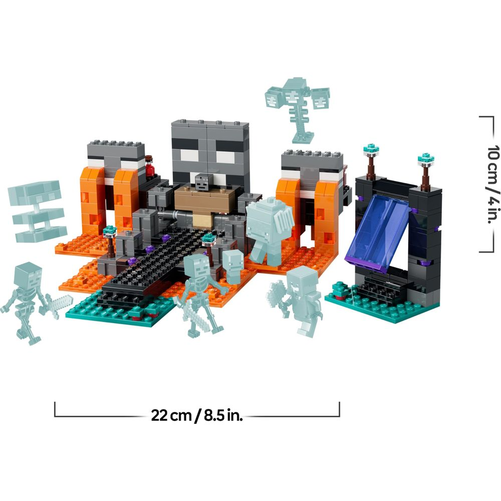 Zestaw Lego z szkieletami, głową szkieletu wither i portalem.