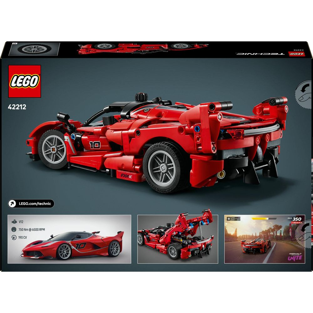 Czerwony model samochodu Ferrari LEGO Technic 42212 na pudełku z mniejszymi obrazami.