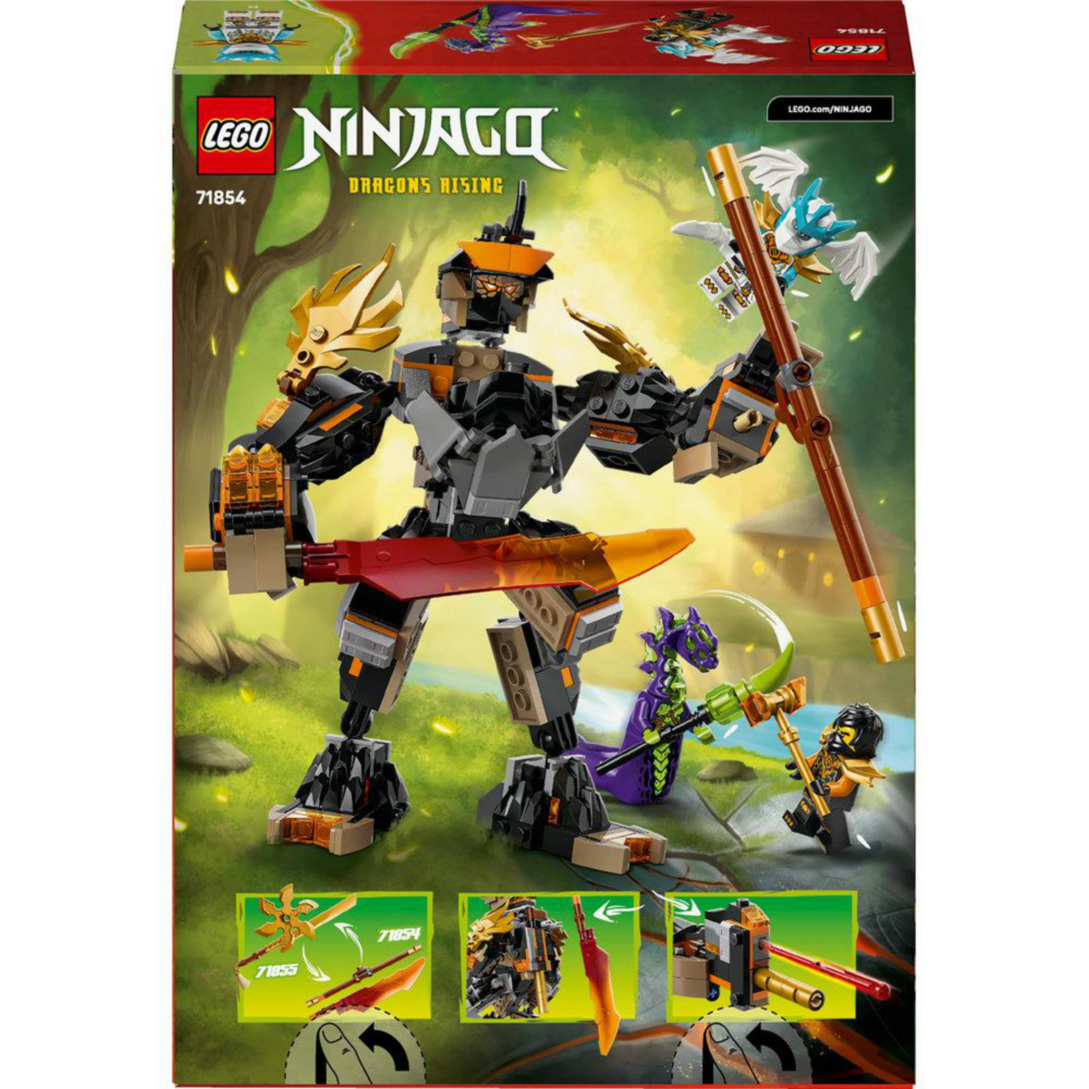 Zestaw LEGO Ninjago Dragons Rising z mechem, smokami i postaciami w leśnej scenerii.