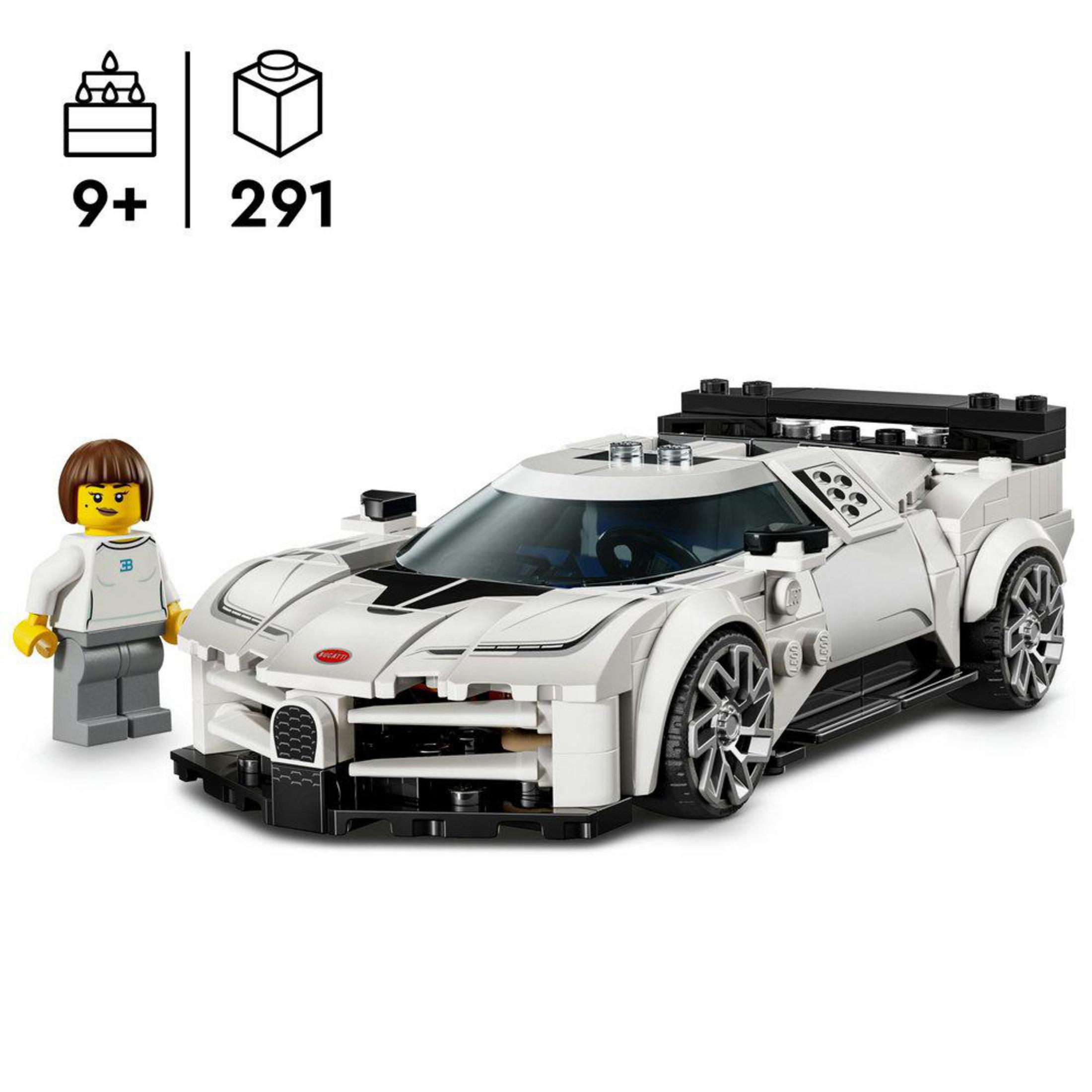 Biały samochód Lego z postacią minifigurki obok. Wiek 9+, 291 części.