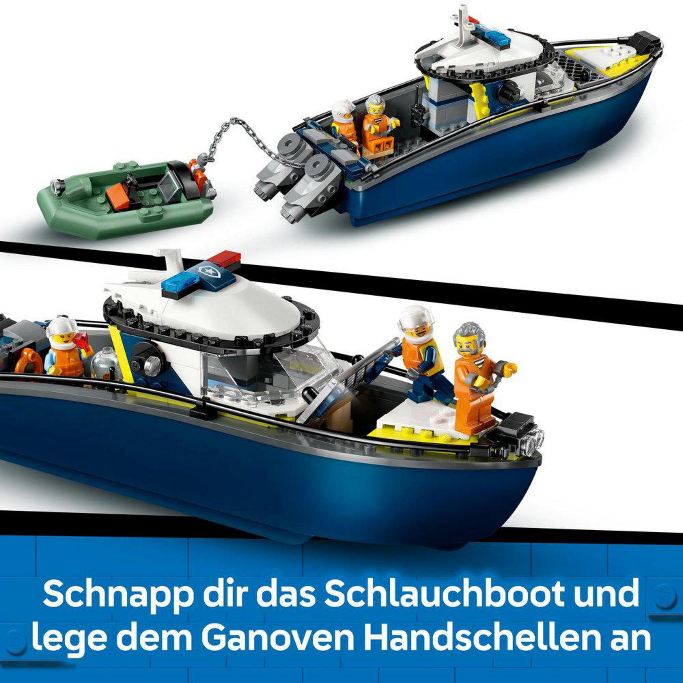 Dwa statki LEGO, ponton i łódź policyjna z figurkami.