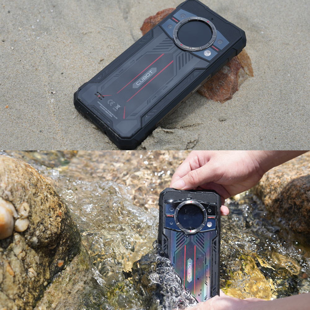 Wytrzymały smartfon leży na piasku i jest trzymany w wodzie.