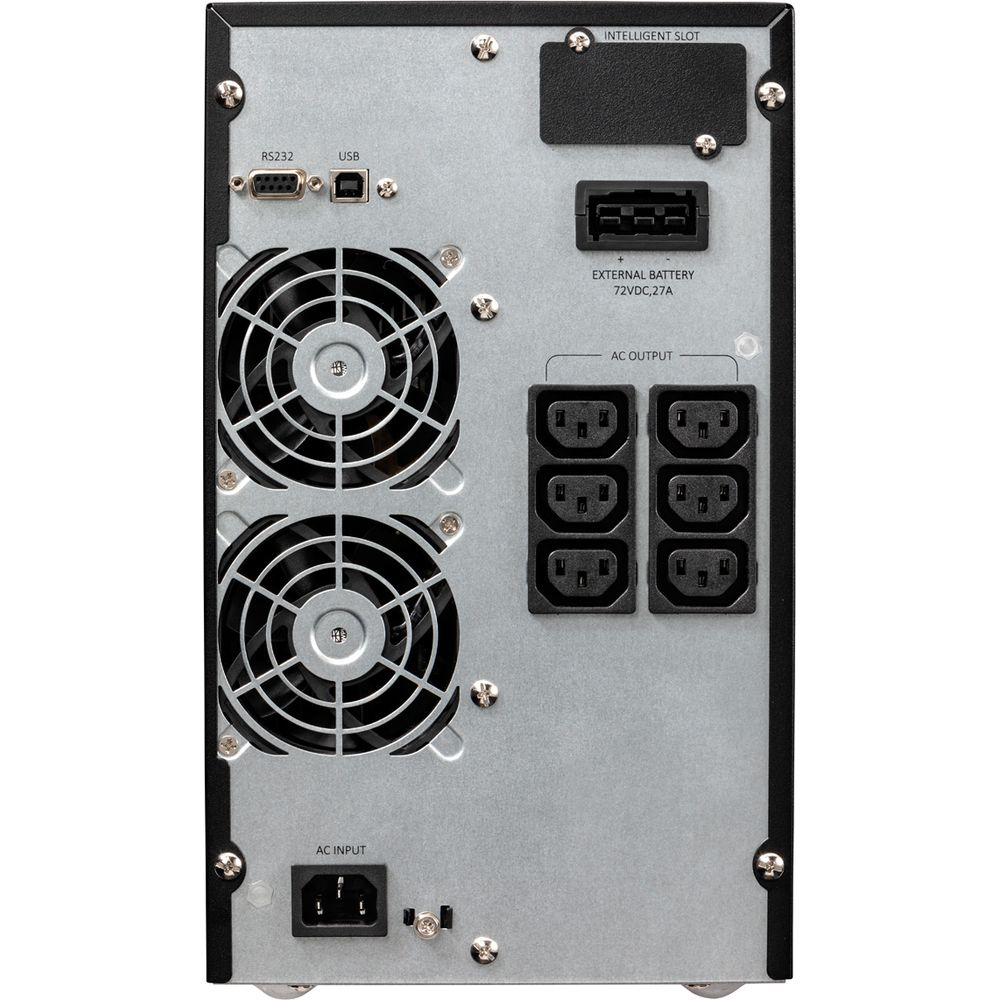 Retro di un dispositivo nero con ventole, porte RS232, USB e ingresso/uscita AC.