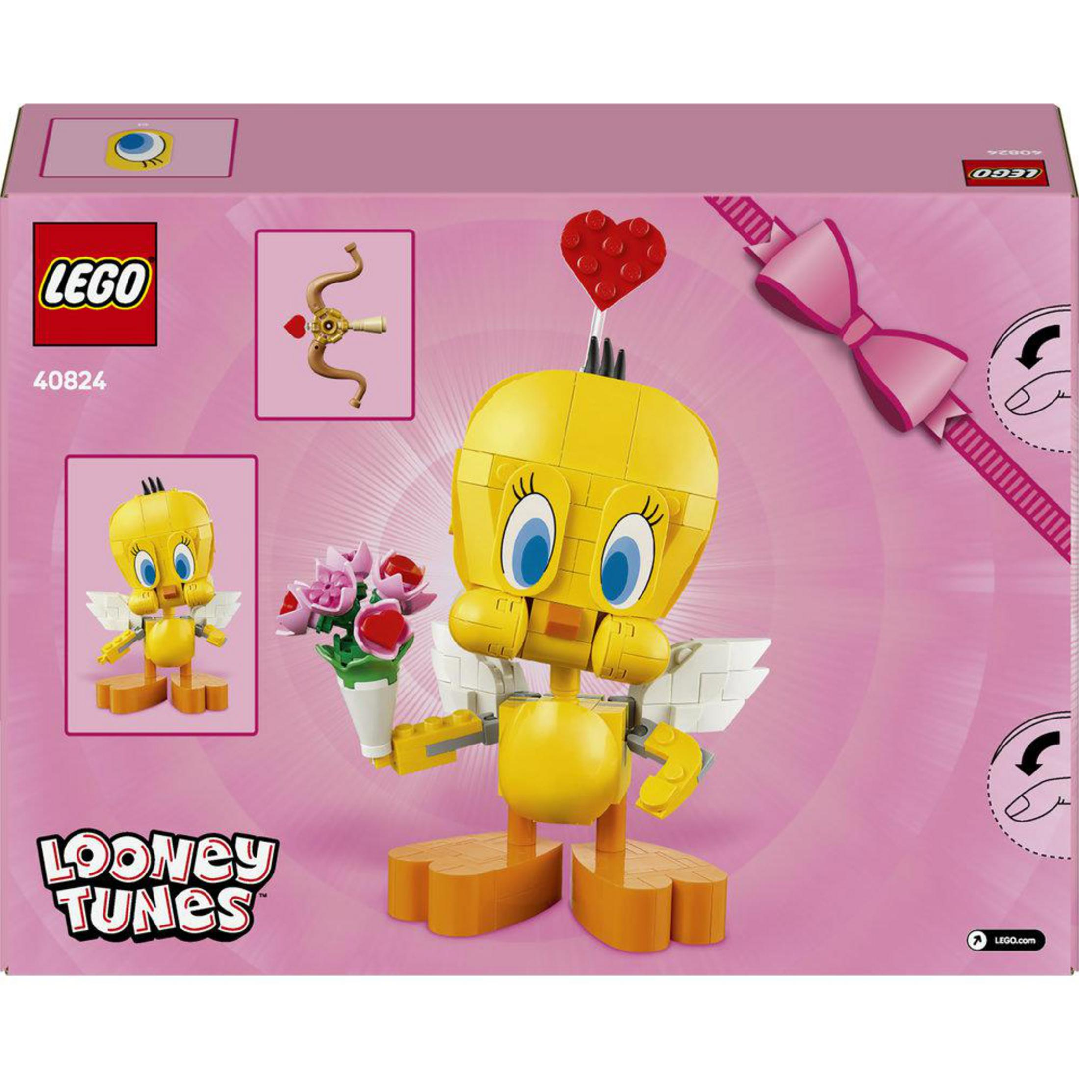 LEGO Tweety z kwiatami i łukiem Amora na różowym opakowaniu.