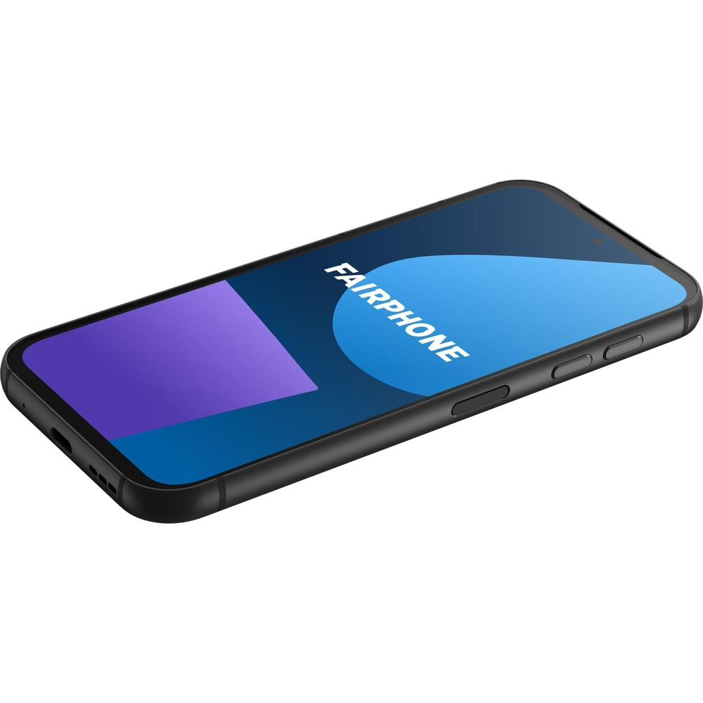 Czarny Fairphone z niebiesko-fioletowym ekranem.