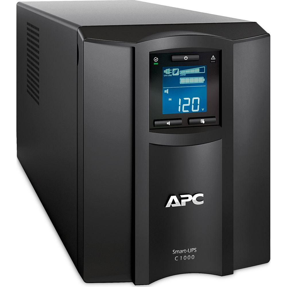 Schwarzes APC Smart-UPS C1000 mit blauem LCD-Display zeigt 120V an.