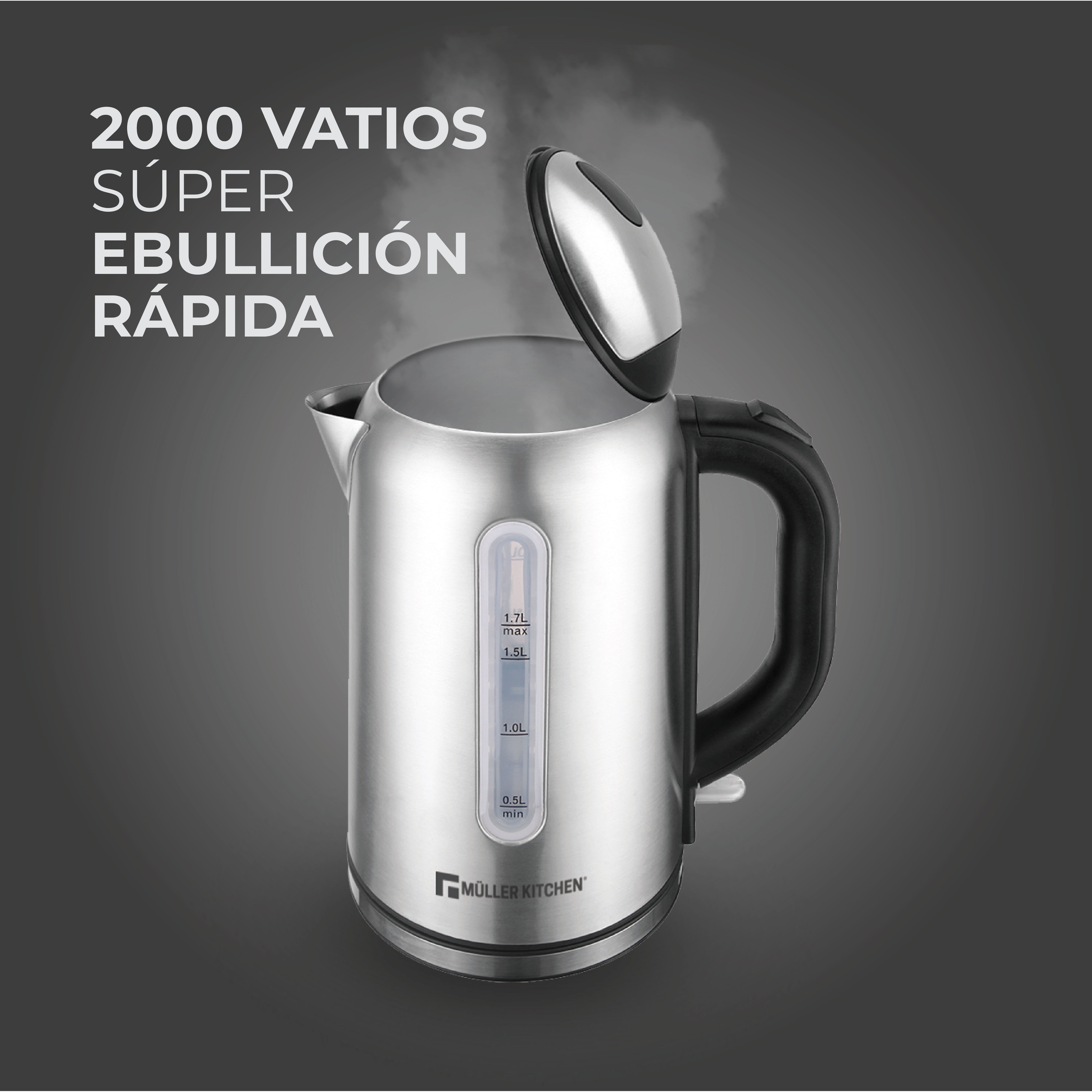 Una tetera plateada con tapa abierta, sale vapor. Marca Müller Kitchen.