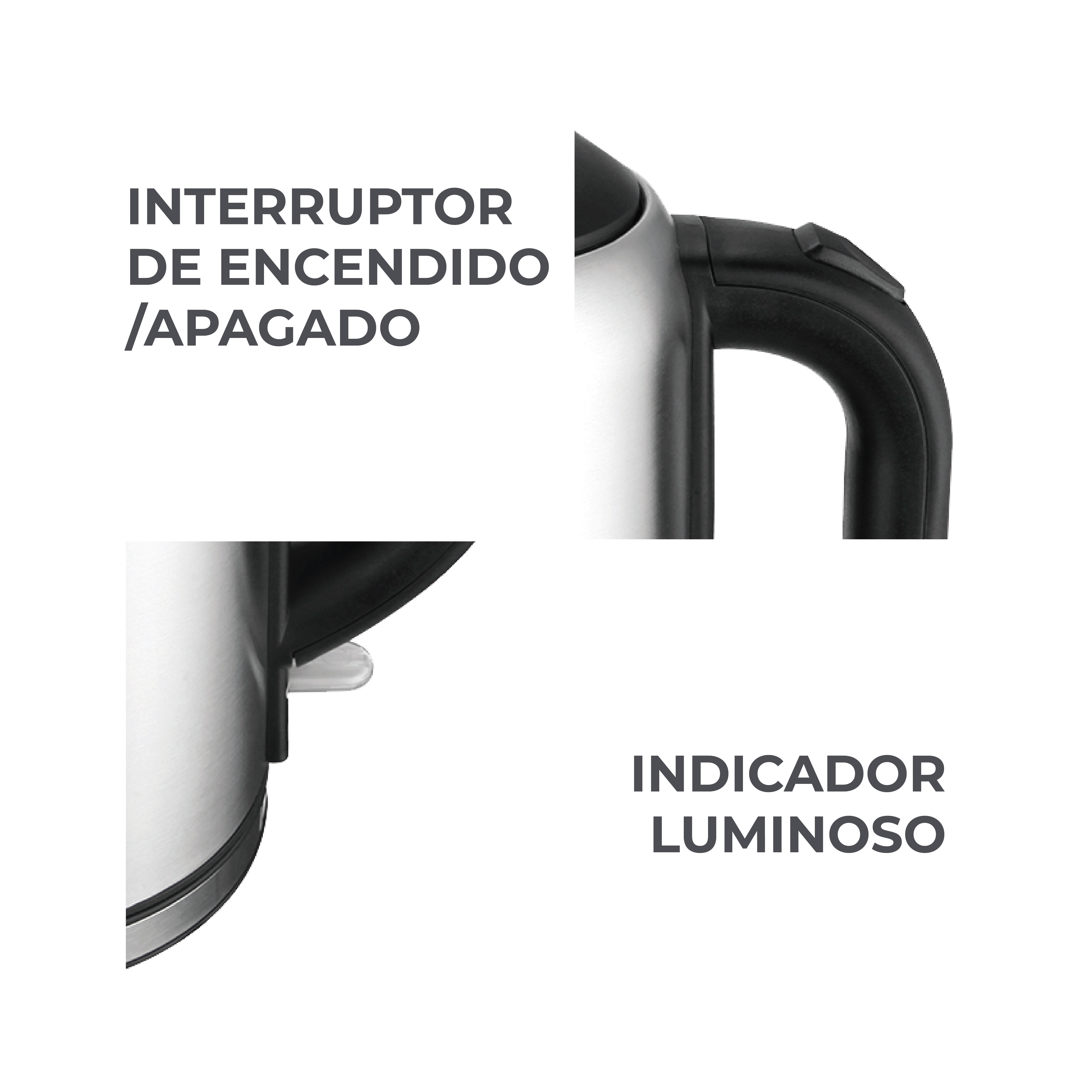 Tetera de acero inoxidable con asa y interruptor negros. Indicador.