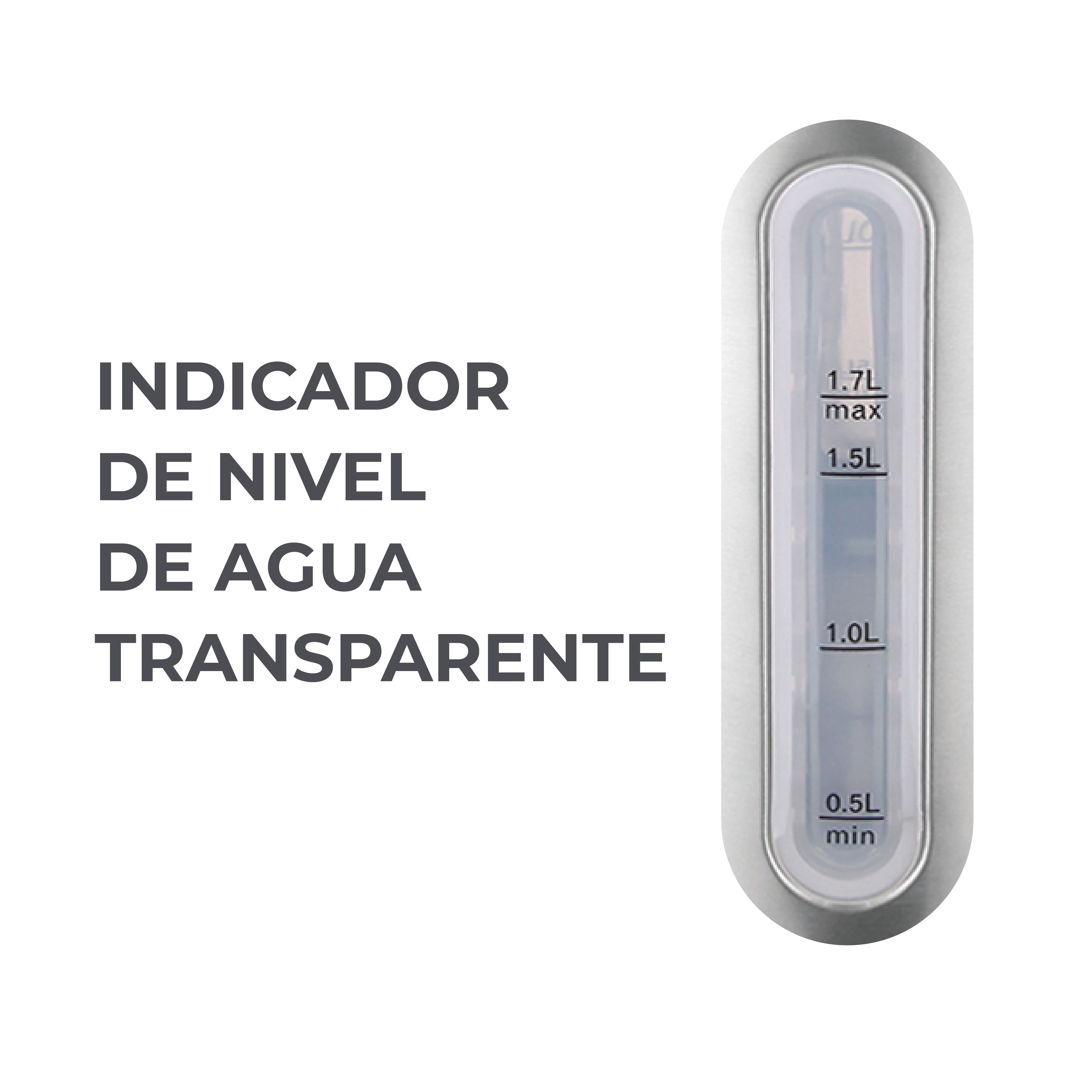 Indicador transparente de nivel de agua con marcas de 0,5L, 1,0L, 1,5L y 1,7L (máx).