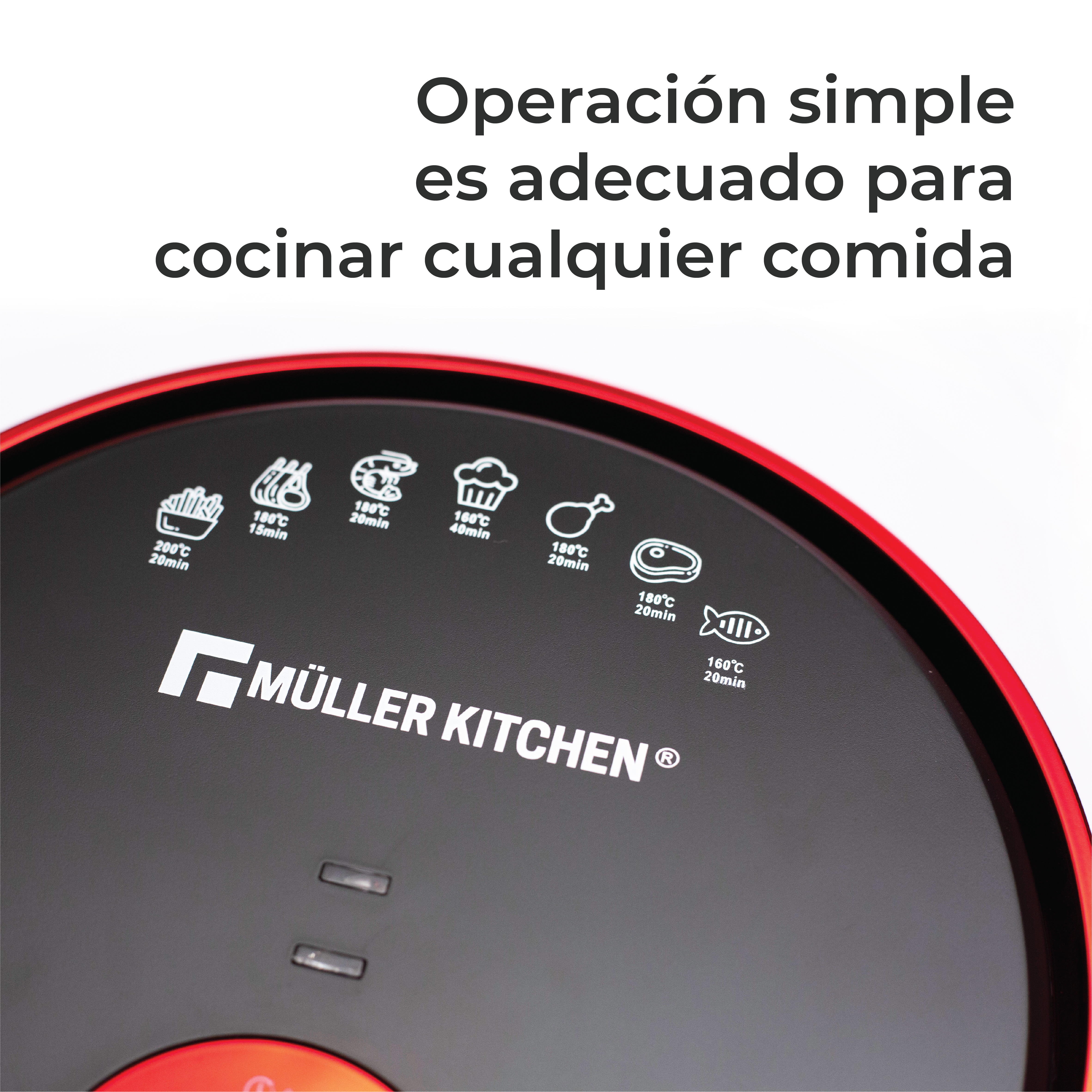 Primer plano del logo de Müller Kitchen e iconos de cocina en un aparato negro.