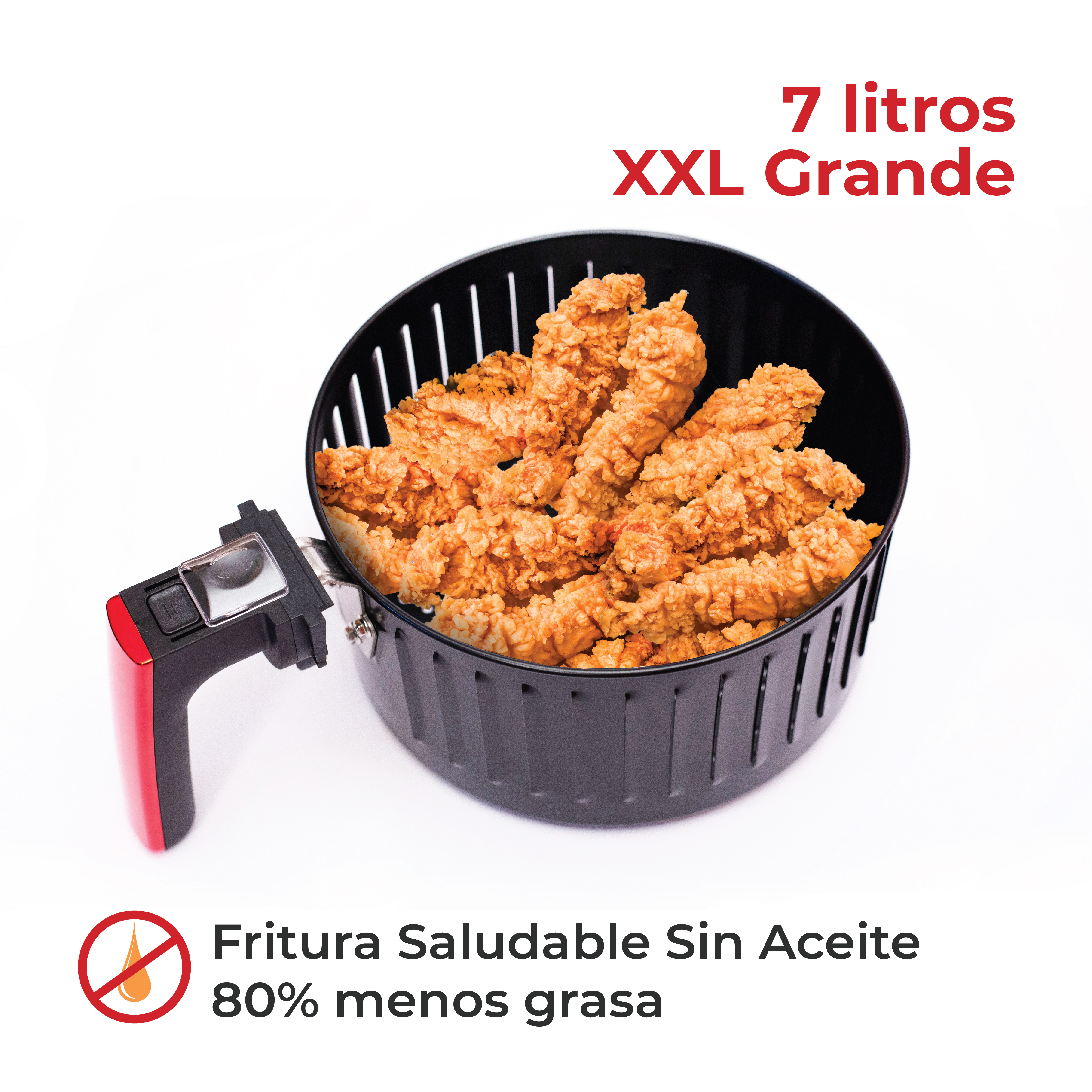 Freidora de aire grande con pollo crujiente y texto. XXL, 7 litros.