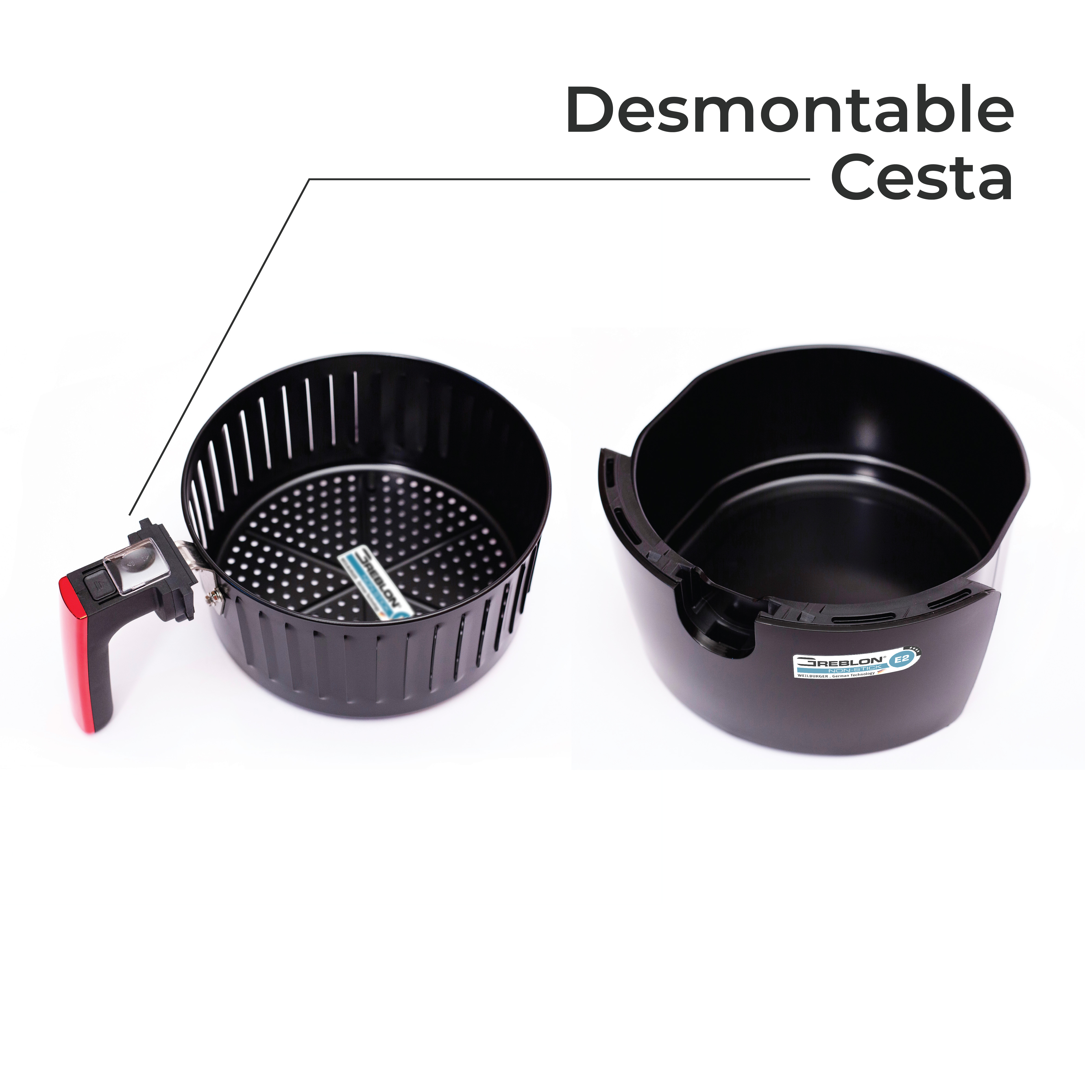 Una cesta negra para freidora de aire con mango rojo y carcasa exterior.