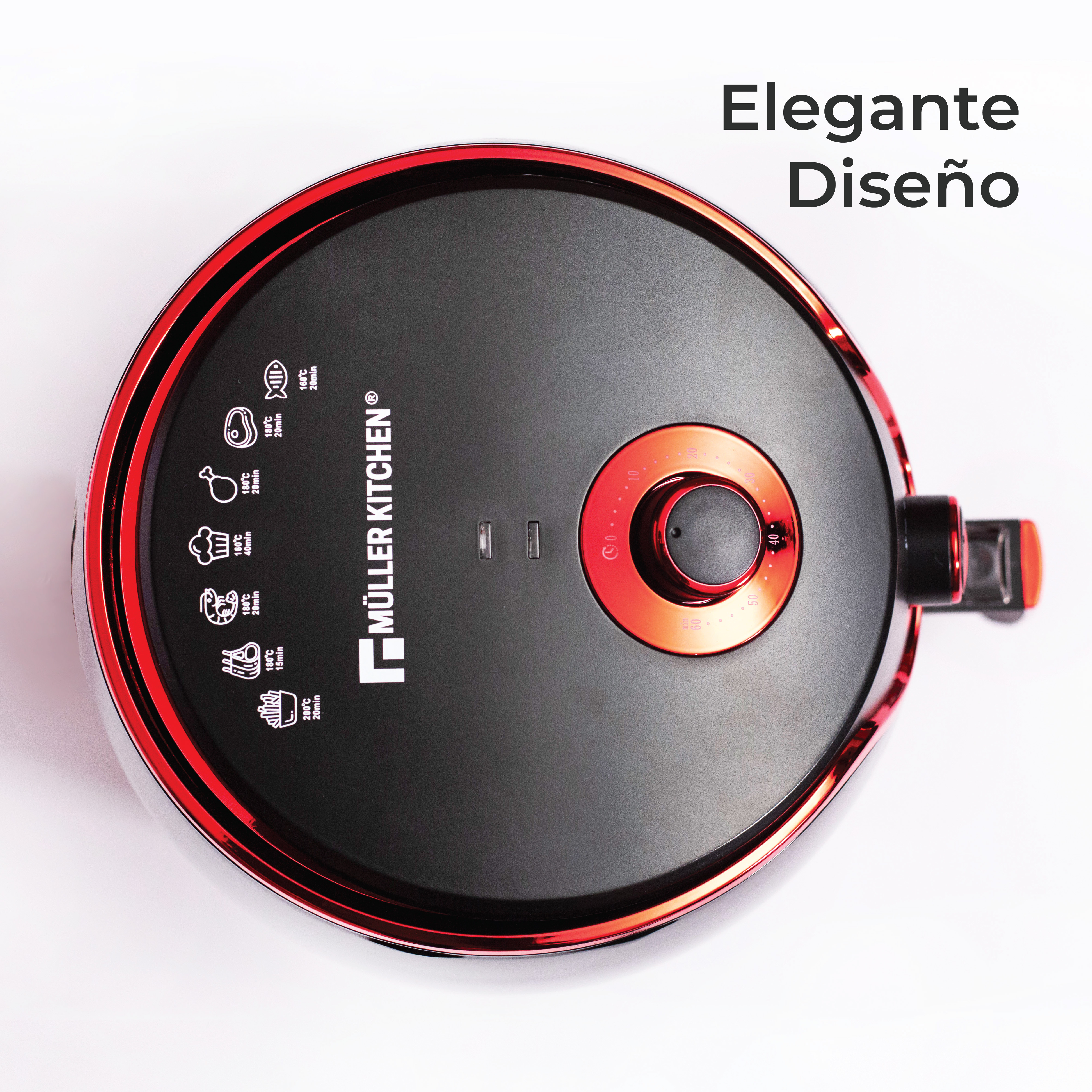 Freidora de aire roja y negra con iconos de cocina y dial.
