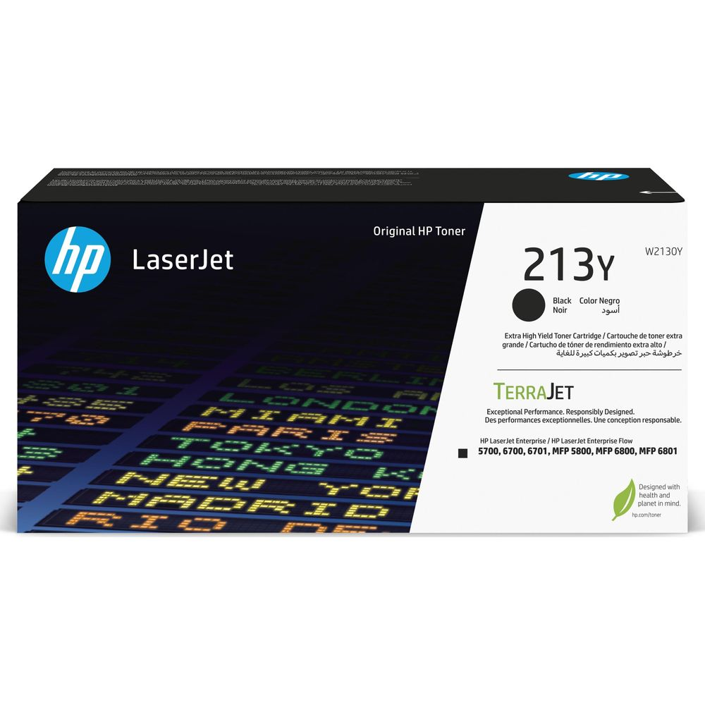 Toner HP LaserJet 213Y czarny, do drukarek Enterprise, z nazwami miast na opakowaniu.