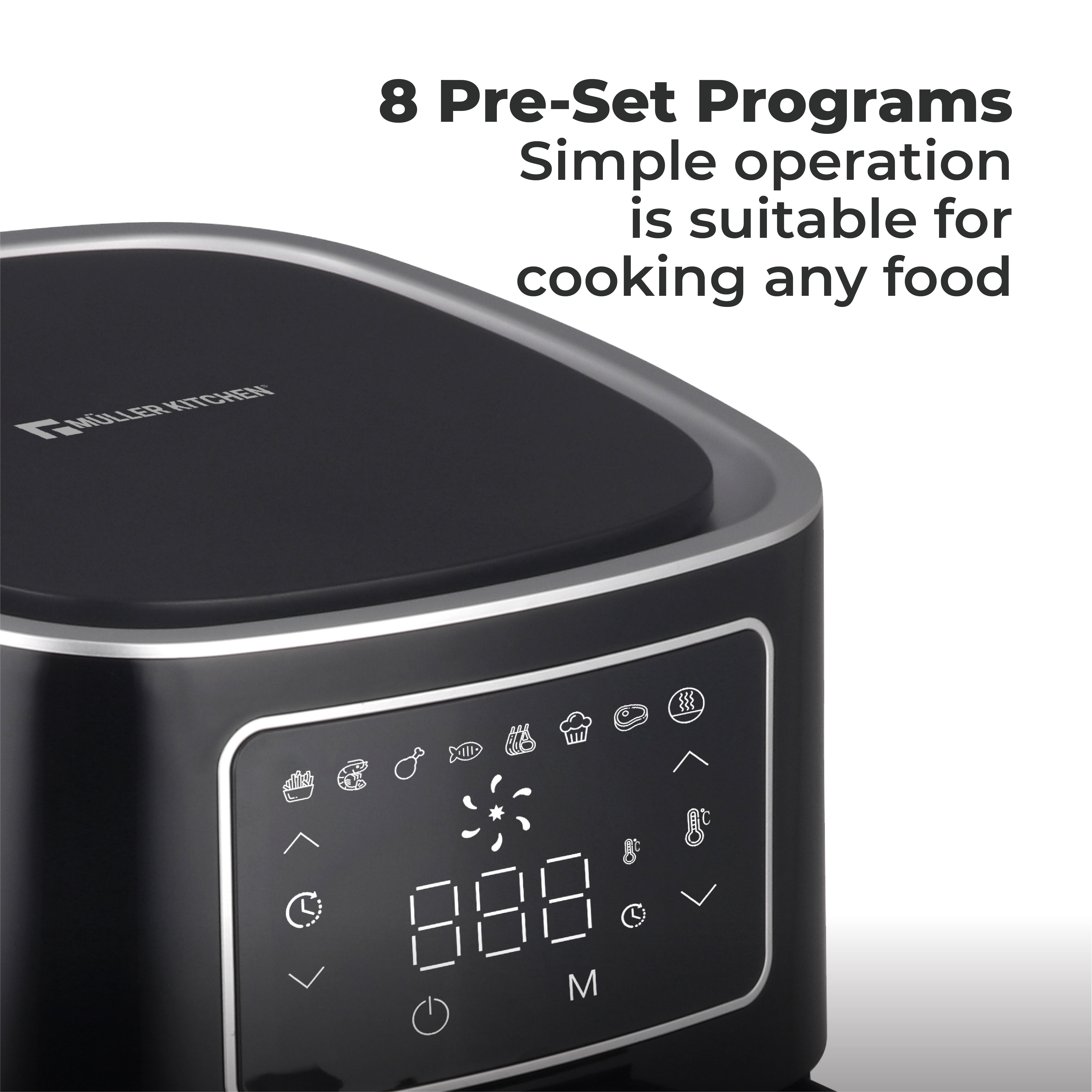 Electrodoméstico negro con pantalla digital e iconos de cocina. 8 programas.