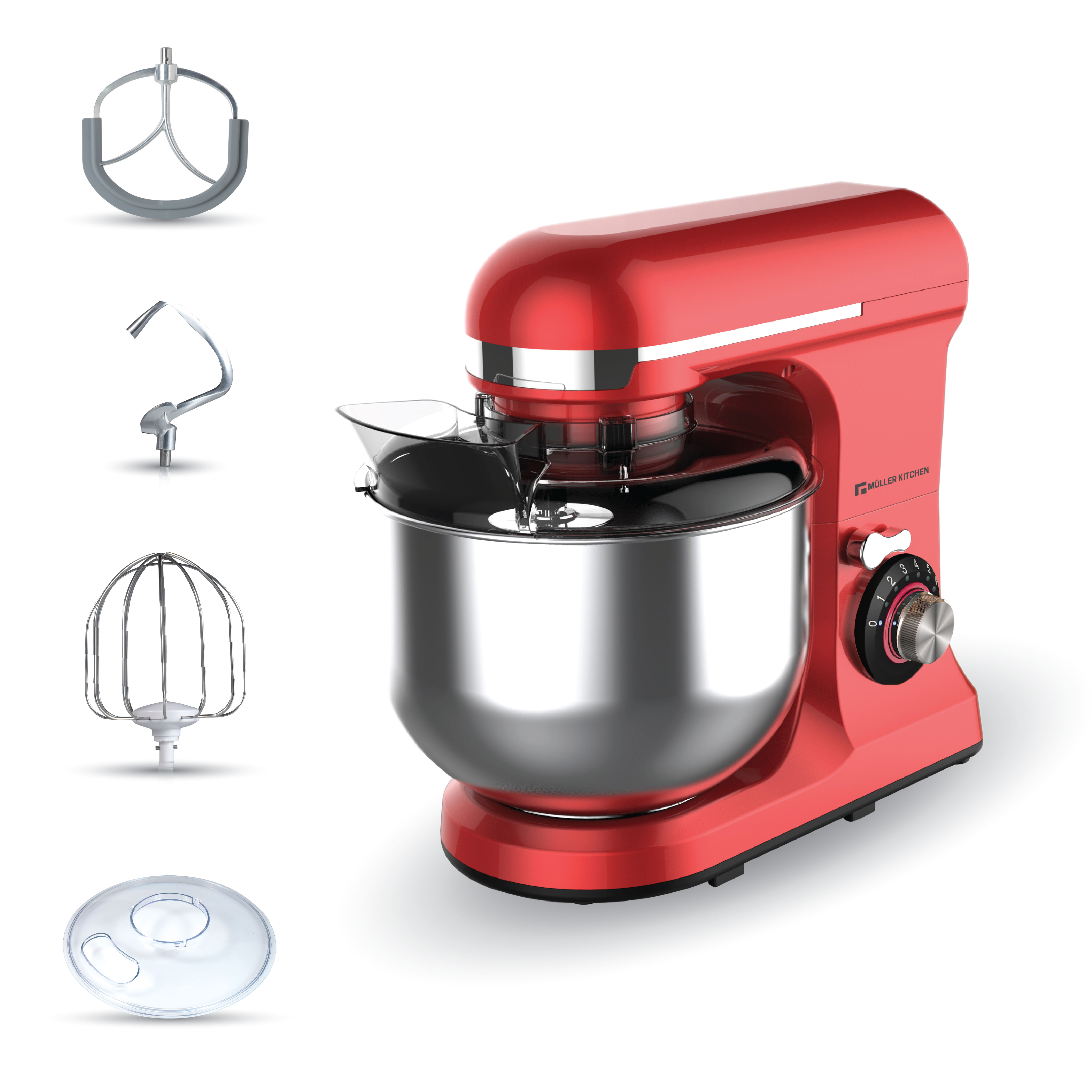 Un robot de cocina rojo con bol plateado y accesorios.