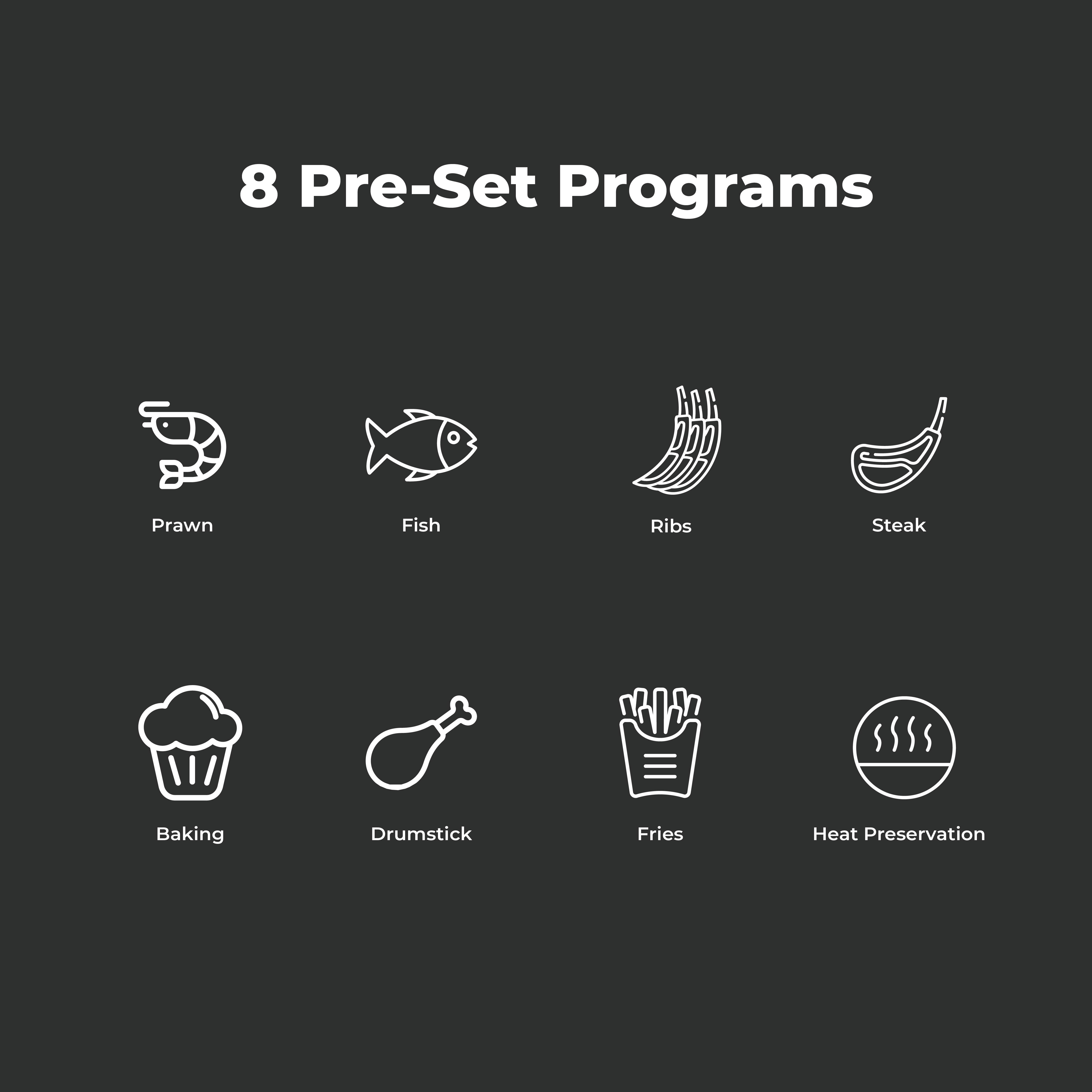 8 programas preestablecidos: Gamba, Pescado, Costillas, Filete, Horneado, Muslo, Patatas fritas, Conservar calor.
