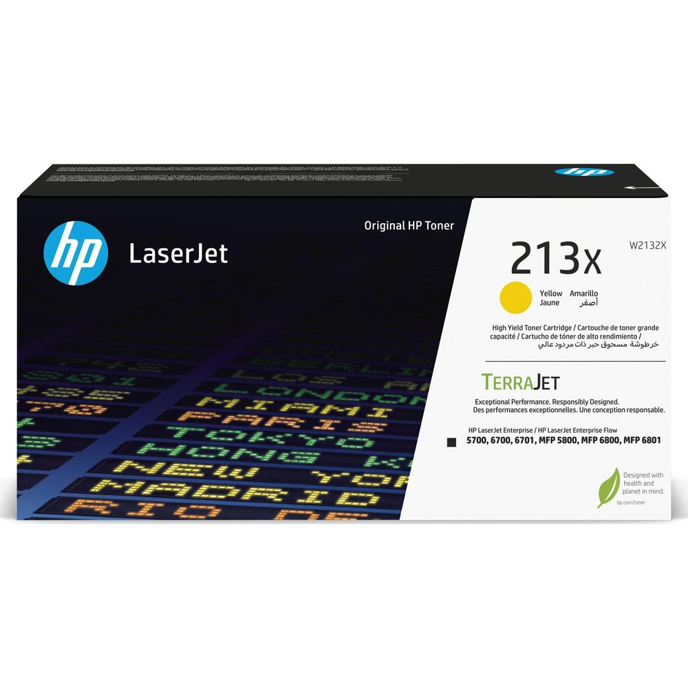 Żółty toner HP LaserJet 213x. Pudełko z nazwami miast, np. Paryż, Tokio.