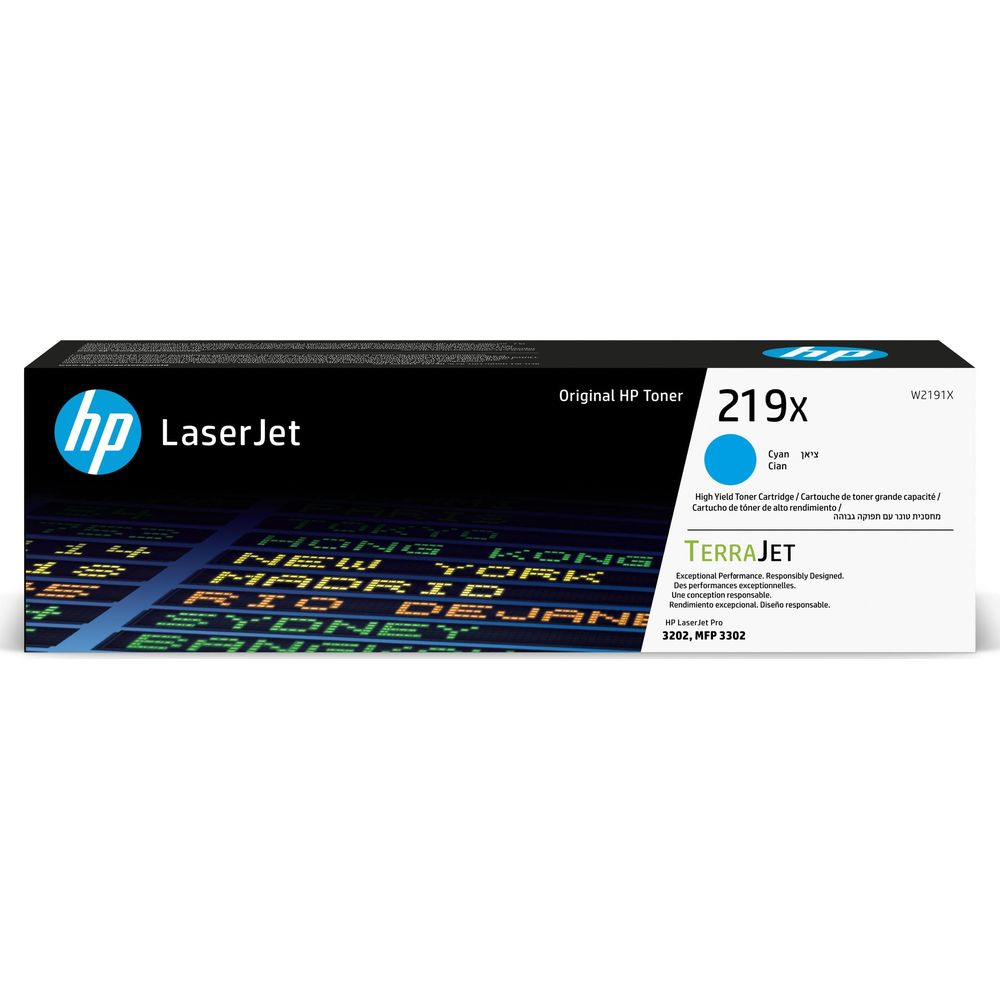 Toner HP LaserJet Cyan 219x. Pudełko pokazuje miasta: Tokio, Nowy Jork, Madryt.