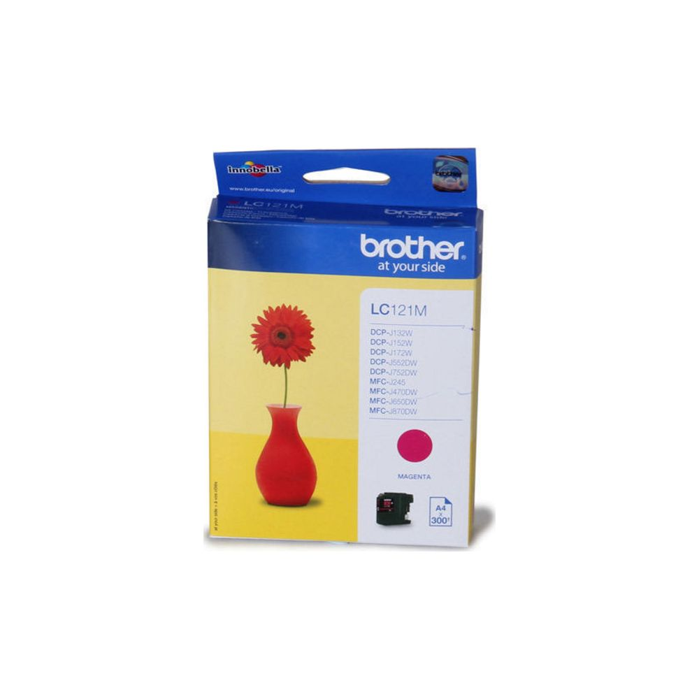 Tusz Brother LC121M magenta z czerwoną kwiatem w wazonie na pudełku.