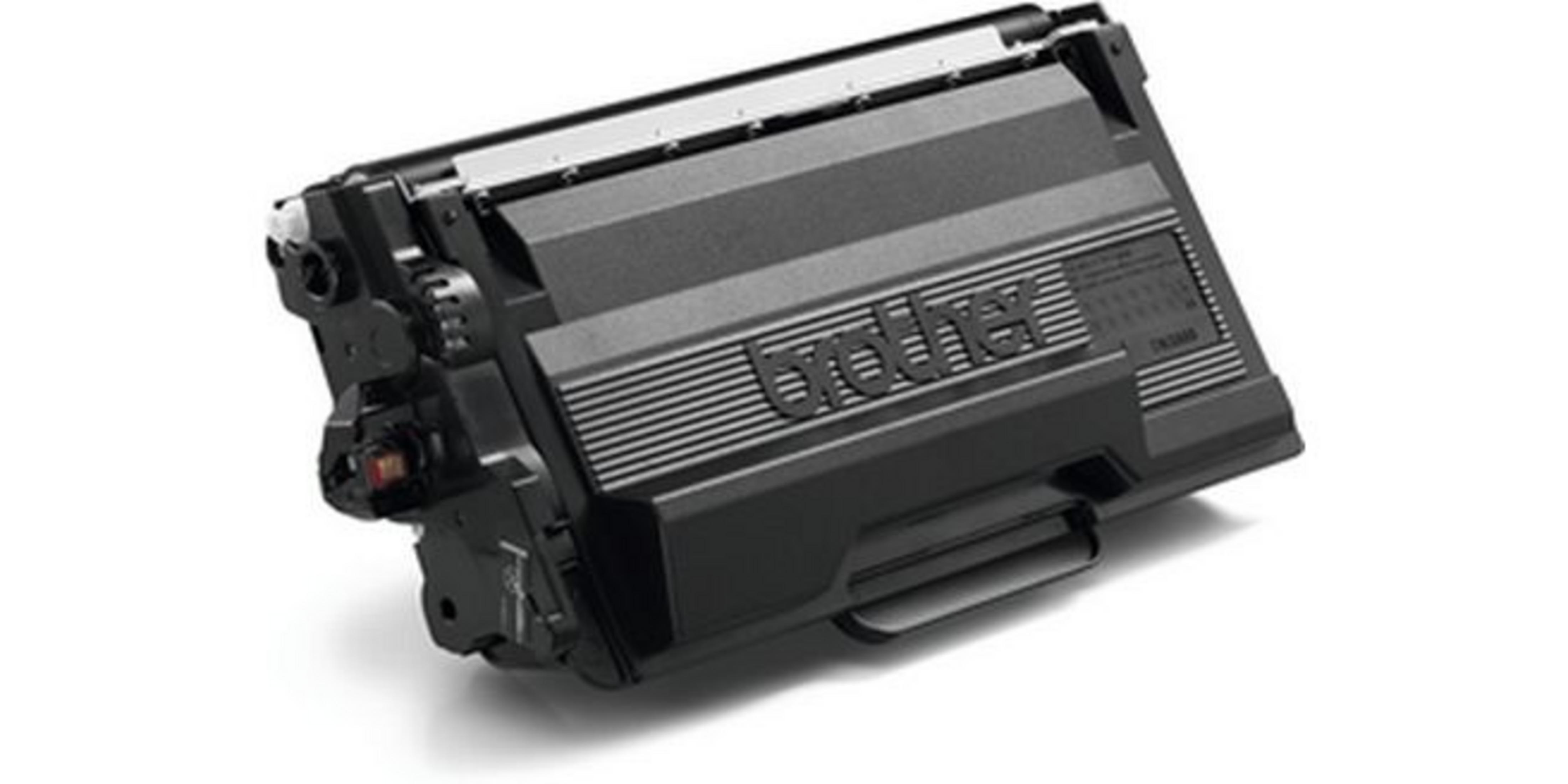 Czarny toner Brother z uchwytem i prążkowaną fakturą.