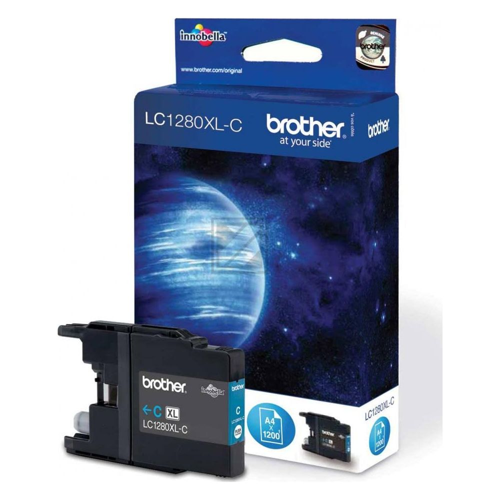 Una scatola blu di cartuccia d'inchiostro Brother LC1280XL-C con cartuccia.