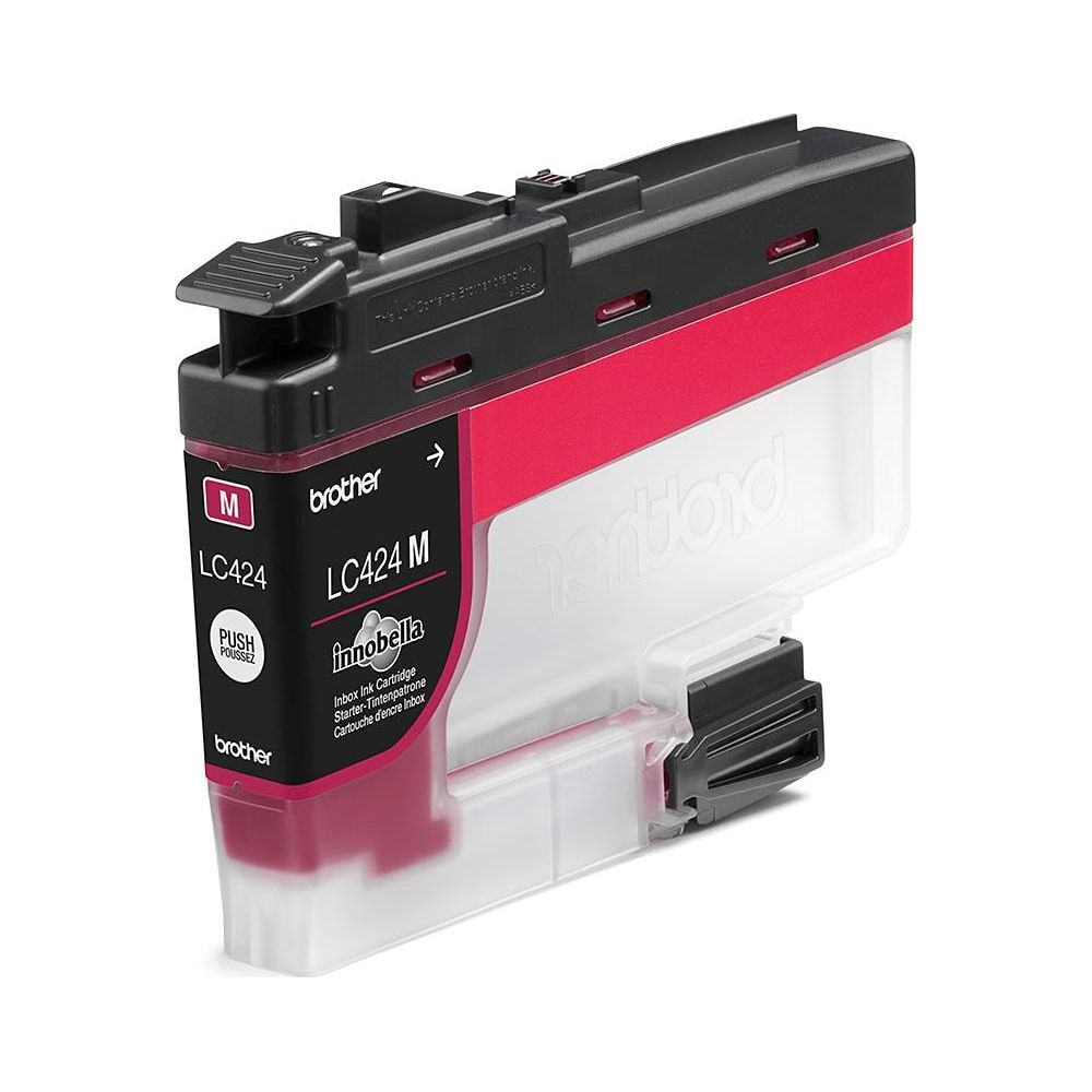 Brother LC424 magenta inktcartridge met 'PUSH'-indicator. Transparante kunststof behuizing.