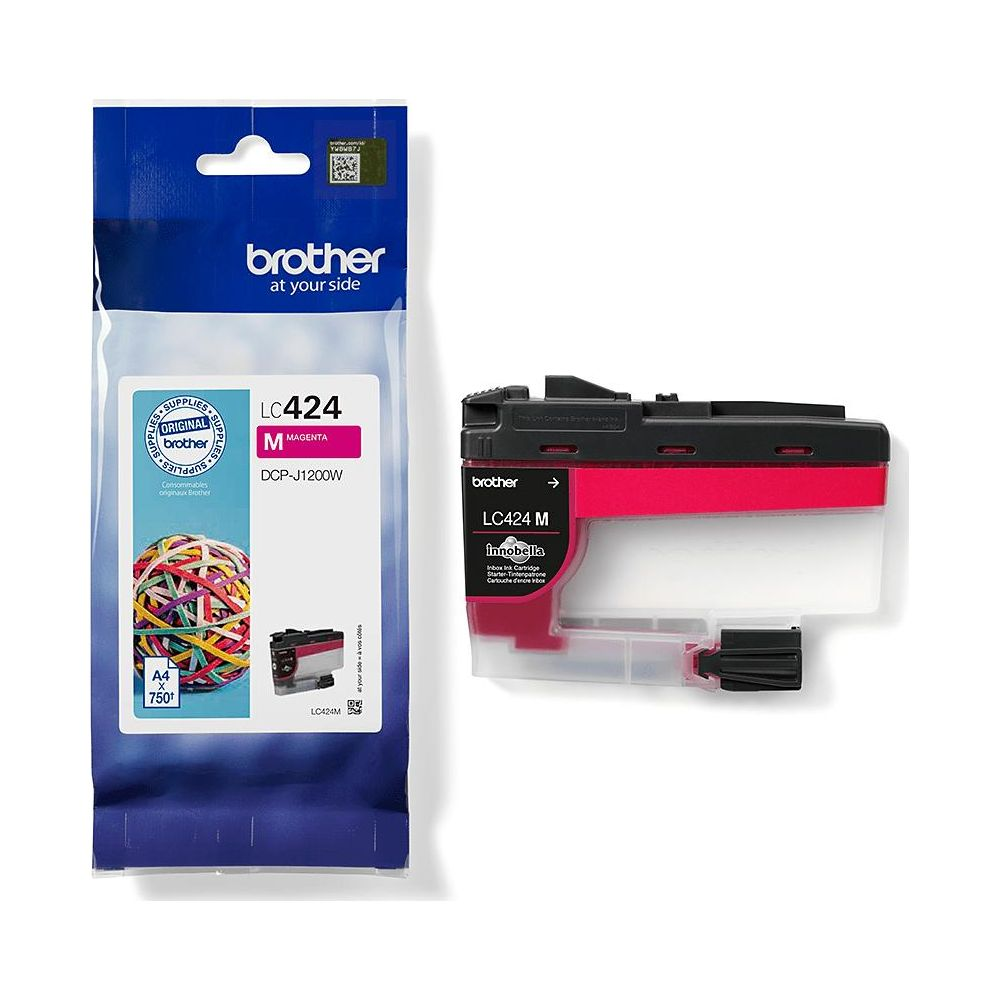 Een magenta Brother LC424 inktcartridgepakket en een enkele cartridge.